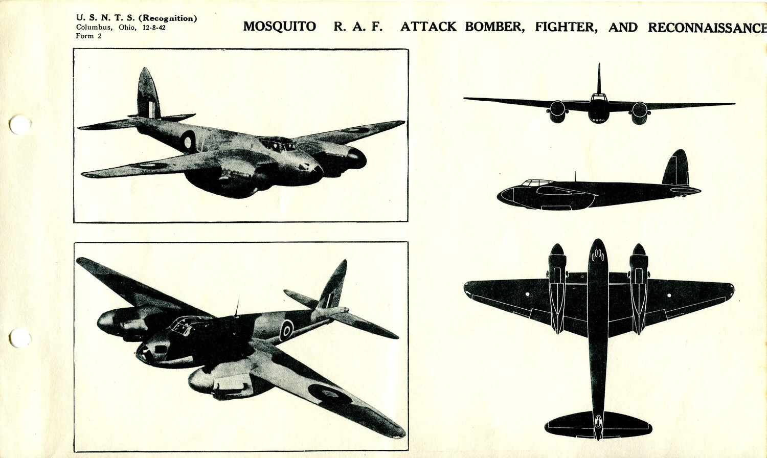 USNTS Aircraft Recognition Training Card: de Havilland Mosquito, R.A.F. Attack Bomber, Fighter, and Reconnaissance Aircraft (Form 2, 12-8-42)