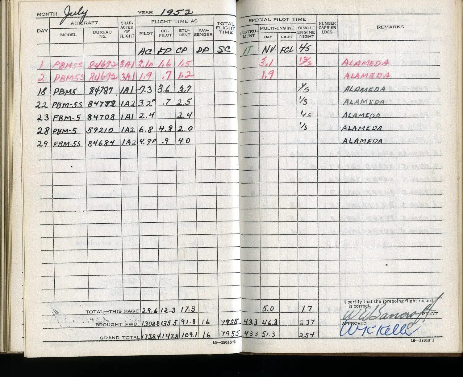 Lt. Bancroft's Flight Logbook, PBM Mariner Squadron, July 1952