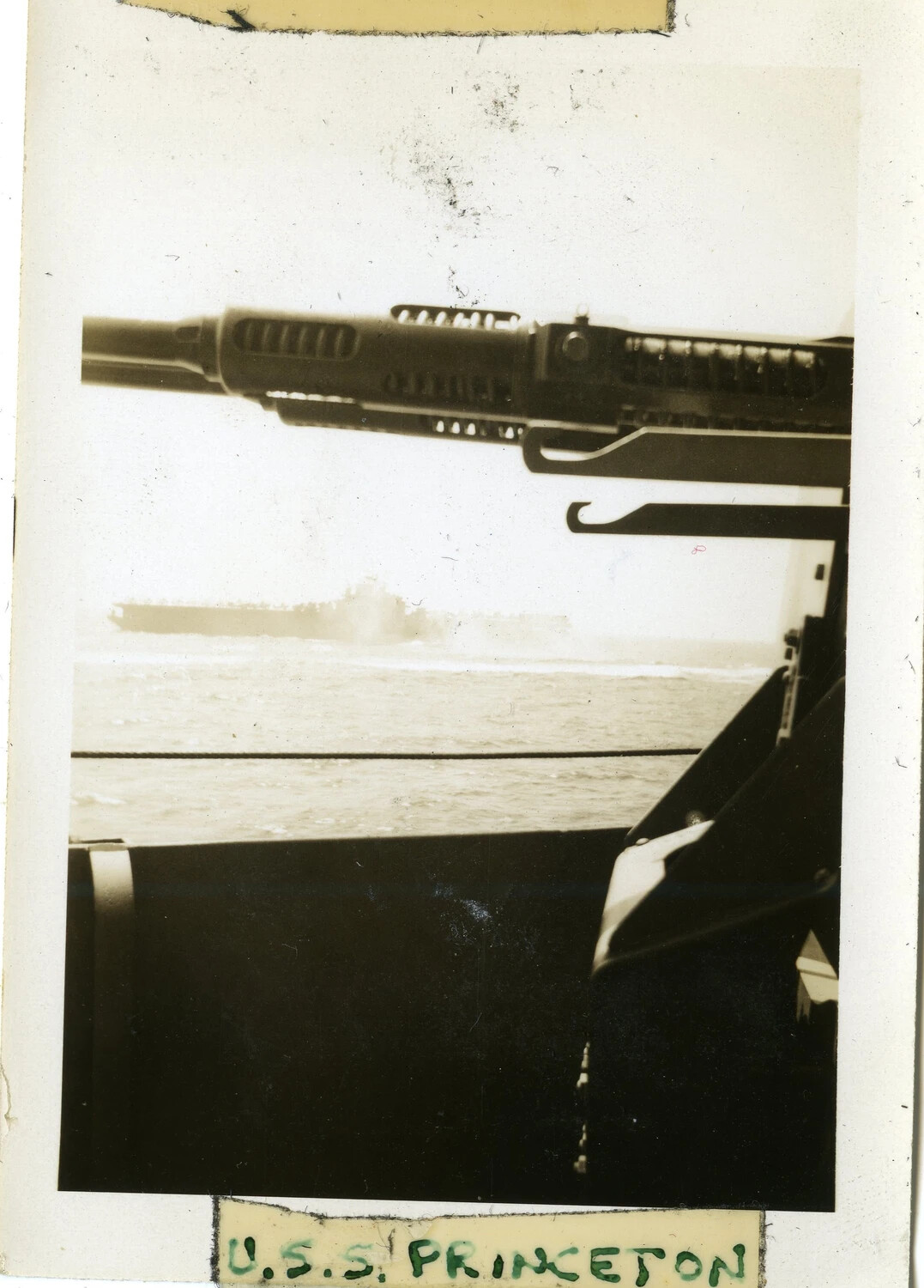 USS Princeton Viewed from USS Franklin D. Roosevelt, Anti-Aircraft Gun Mount in Foreground