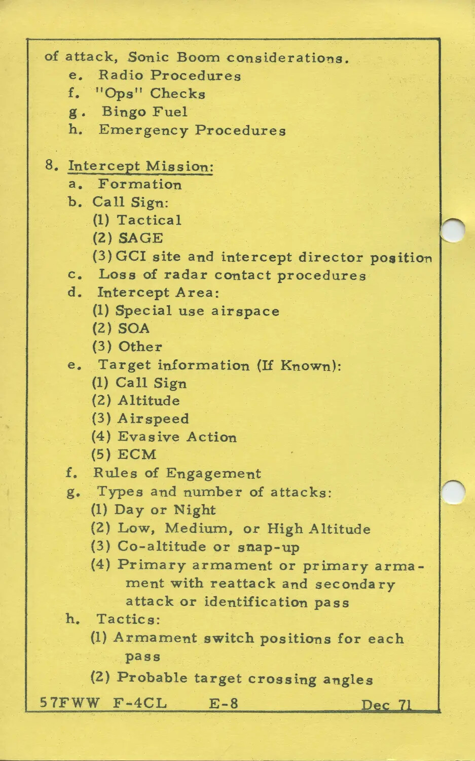 57th Fighter Weapons Wing F-4 Checklist Page E-8, 'Intercept Mission' Briefing Items, December 1971