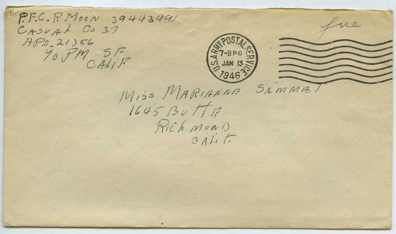 WWII U.S. Army Postal Service Envelope -- PFC R. Moon to Miss Marianne Sammiet, January 1946