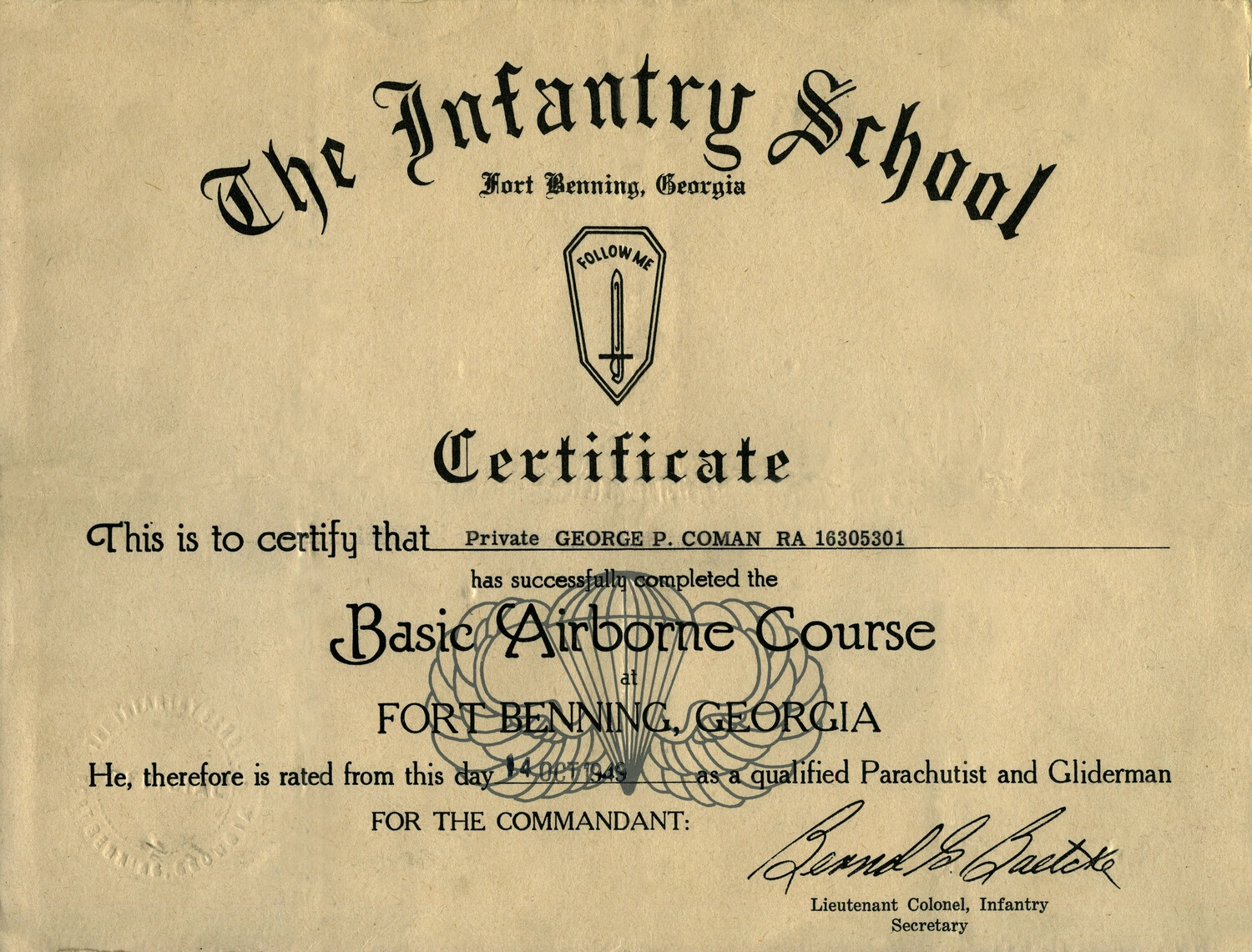 U.S. Army Infantry School Basic Airborne Course Certificate, Private George P. Coman, Fort Benning, Georgia, 1949