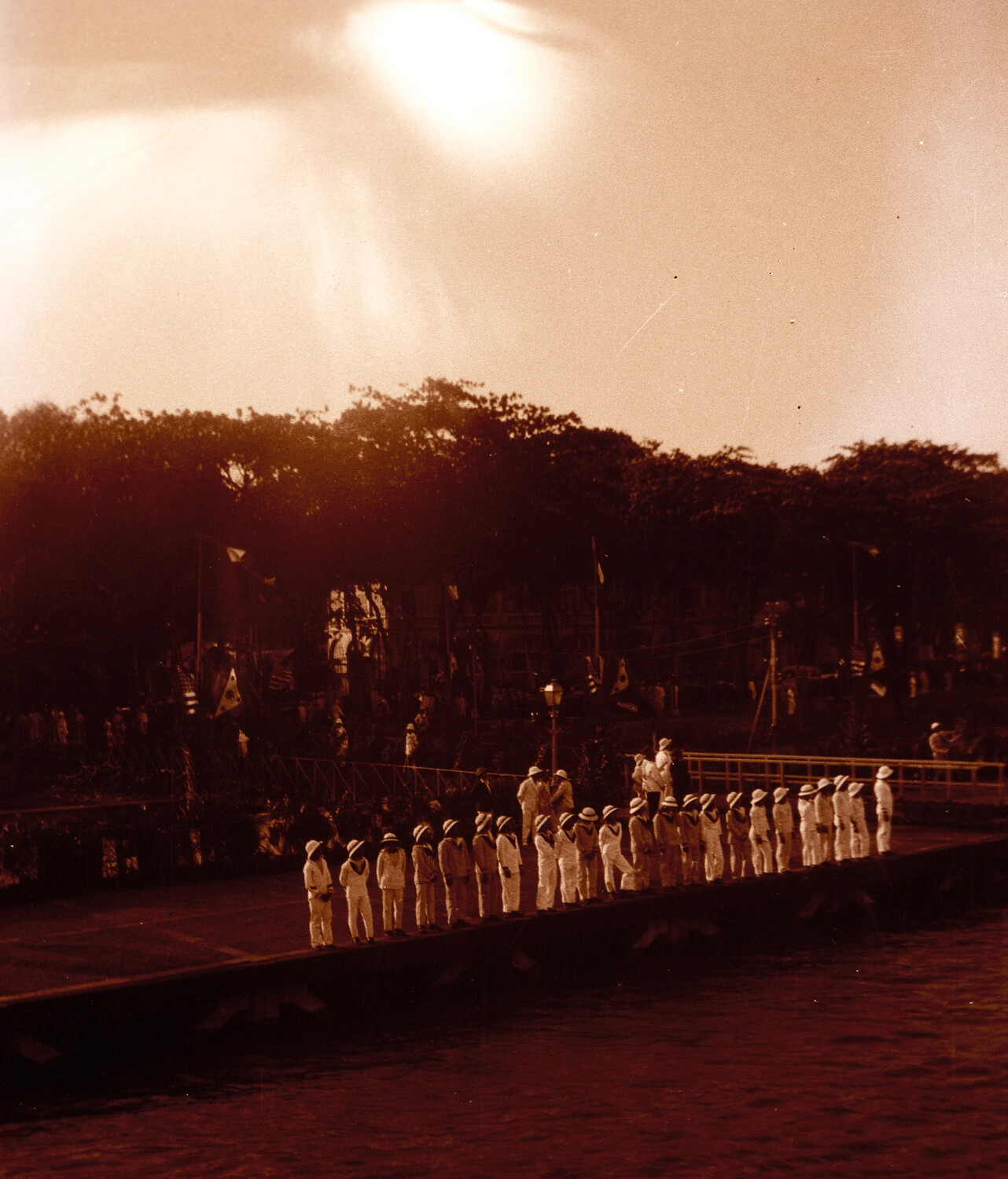 U.S. Navy Sailors Mustered on a Waterfront Pier, China, 1930s (Negative Scan)