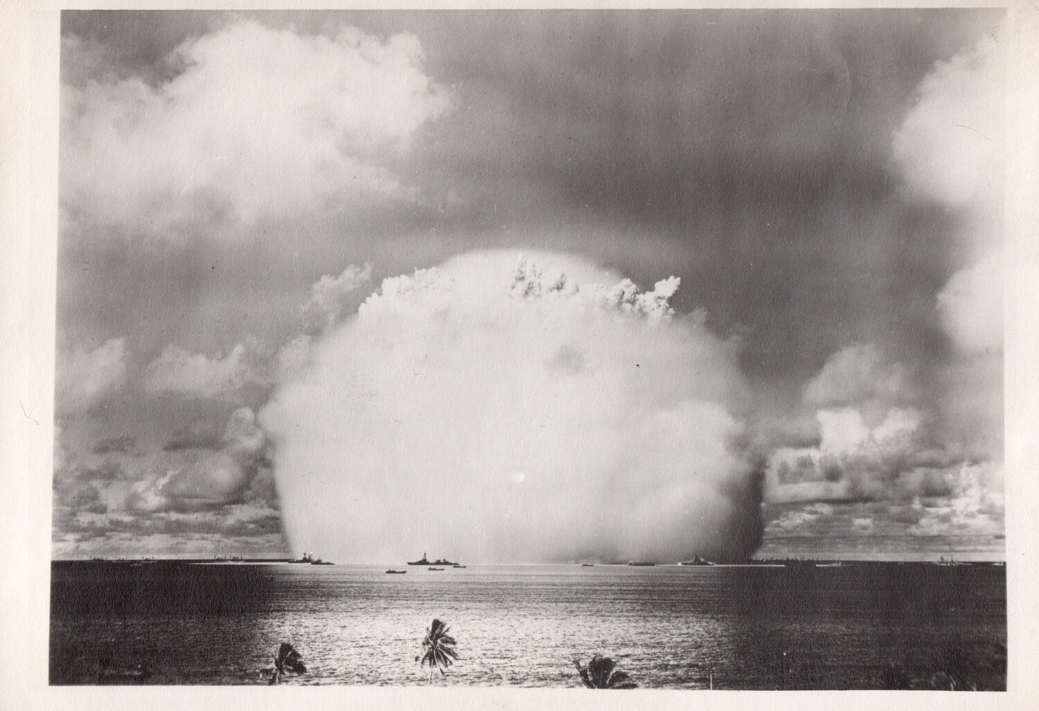 Atomic Bomb Test Cloud Viewed from Shoreline, Bikini Atoll Lagoon, with Target Fleet (Full Resolution)