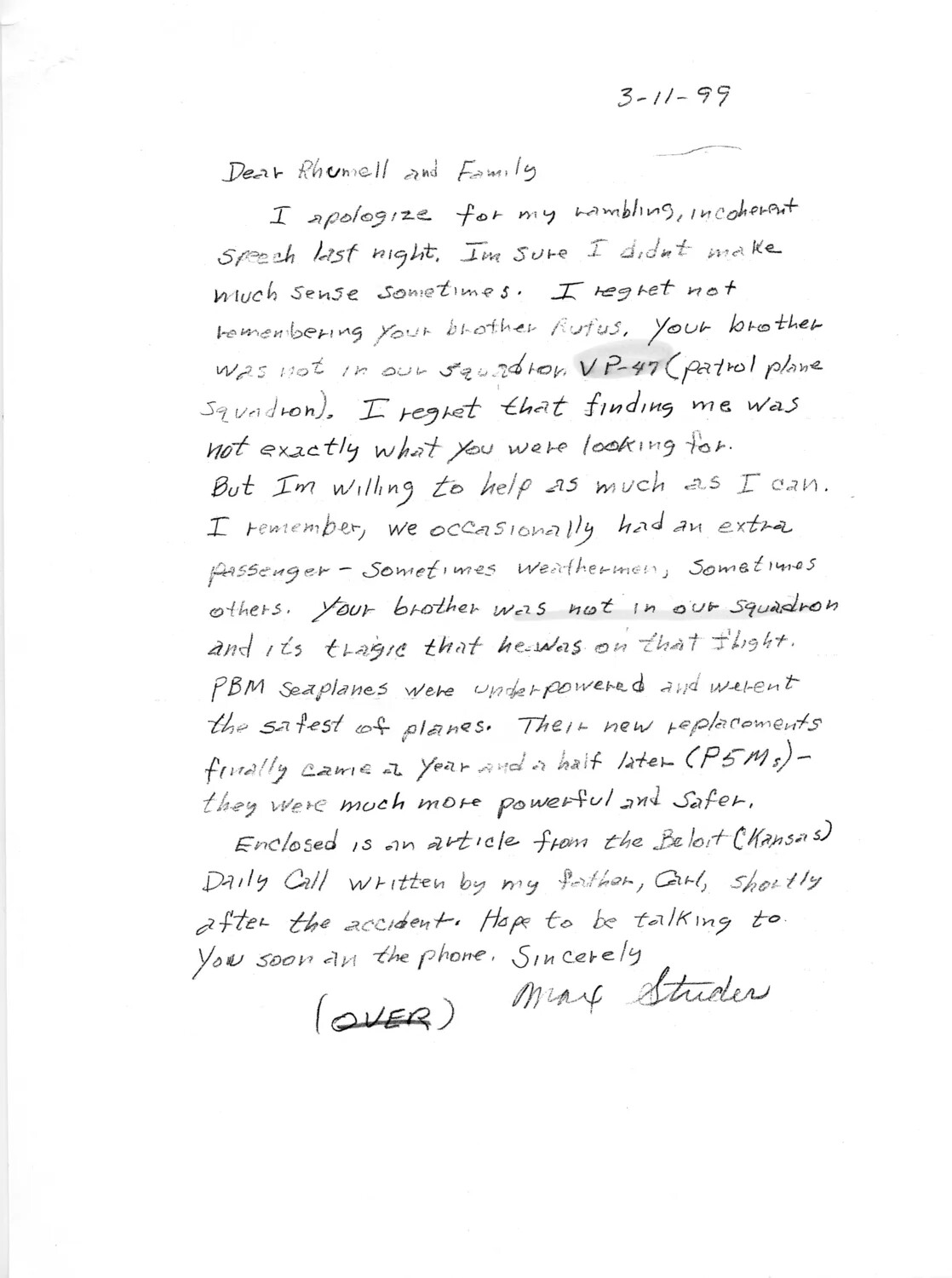 Handwritten Letter Regarding VP-47 Patrol Squadron and PBM Seaplane Accident, dated 3-11-99