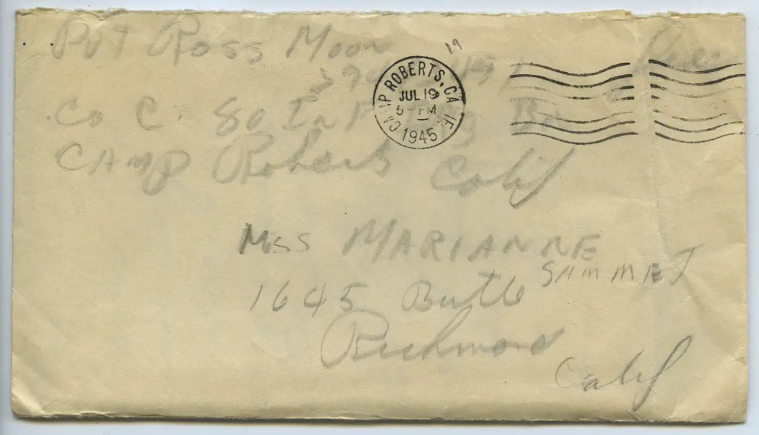 WWII Mailing Envelope, Pvt. Ross Moon to Miss Marianne Sammiet, Camp Roberts, California, July 1945