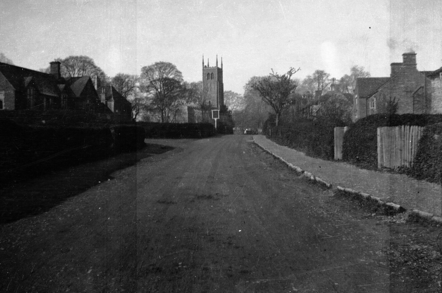 English Village Street with Parish Church Tower - WWI-Era Photograph