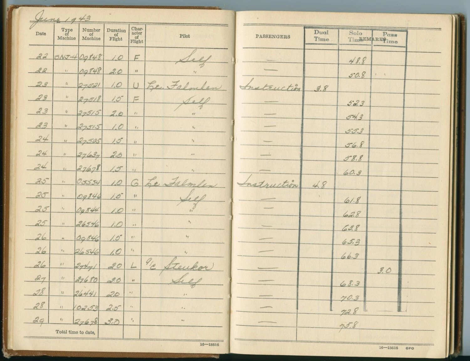 U.S. Navy Aviator's Flight Log Book, June 1943 - SNJ-4 Advanced Trainer Flight Entries