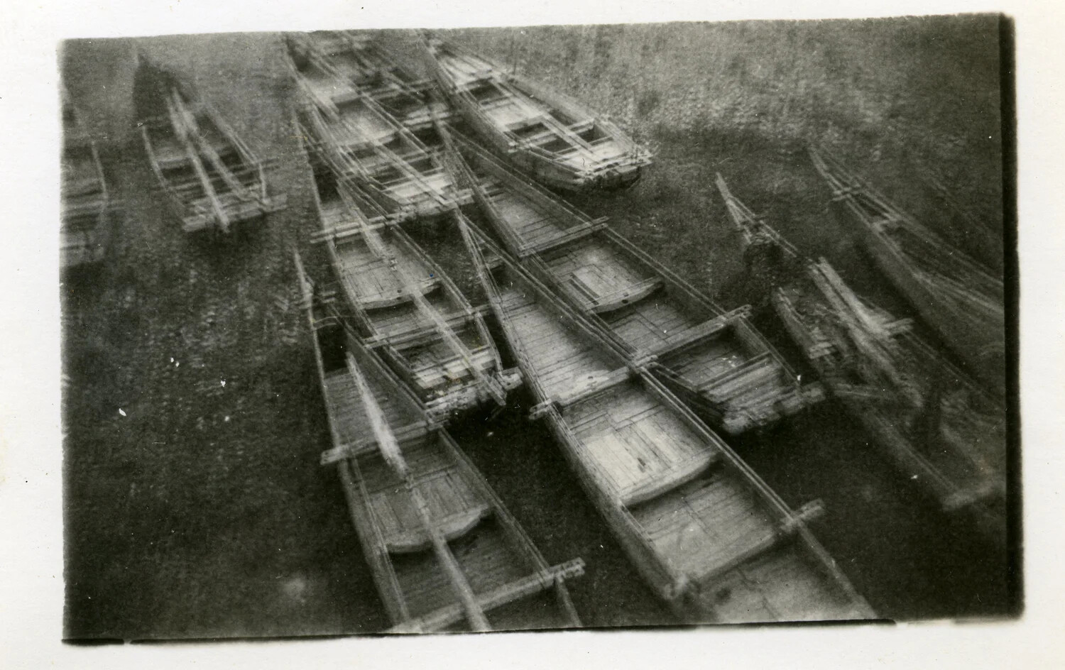 Wooden Cargo Boats Moored on a Japanese River, Elevated View