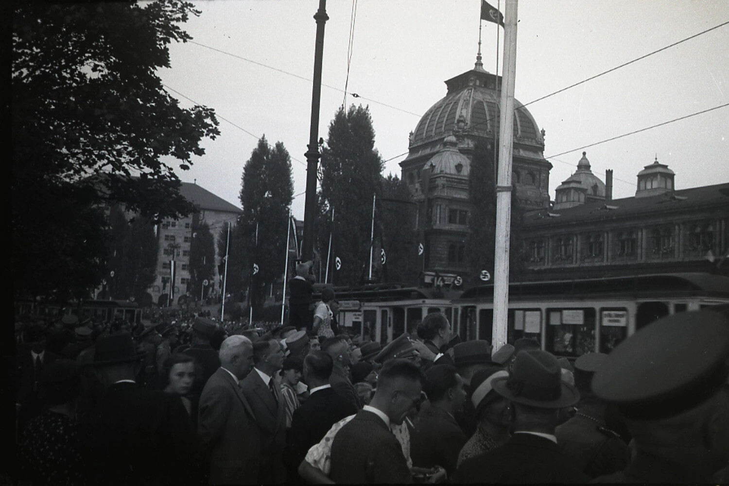Crowd Gathered Before Domed Civic Building with Nazi Flags, Germany, 1930s