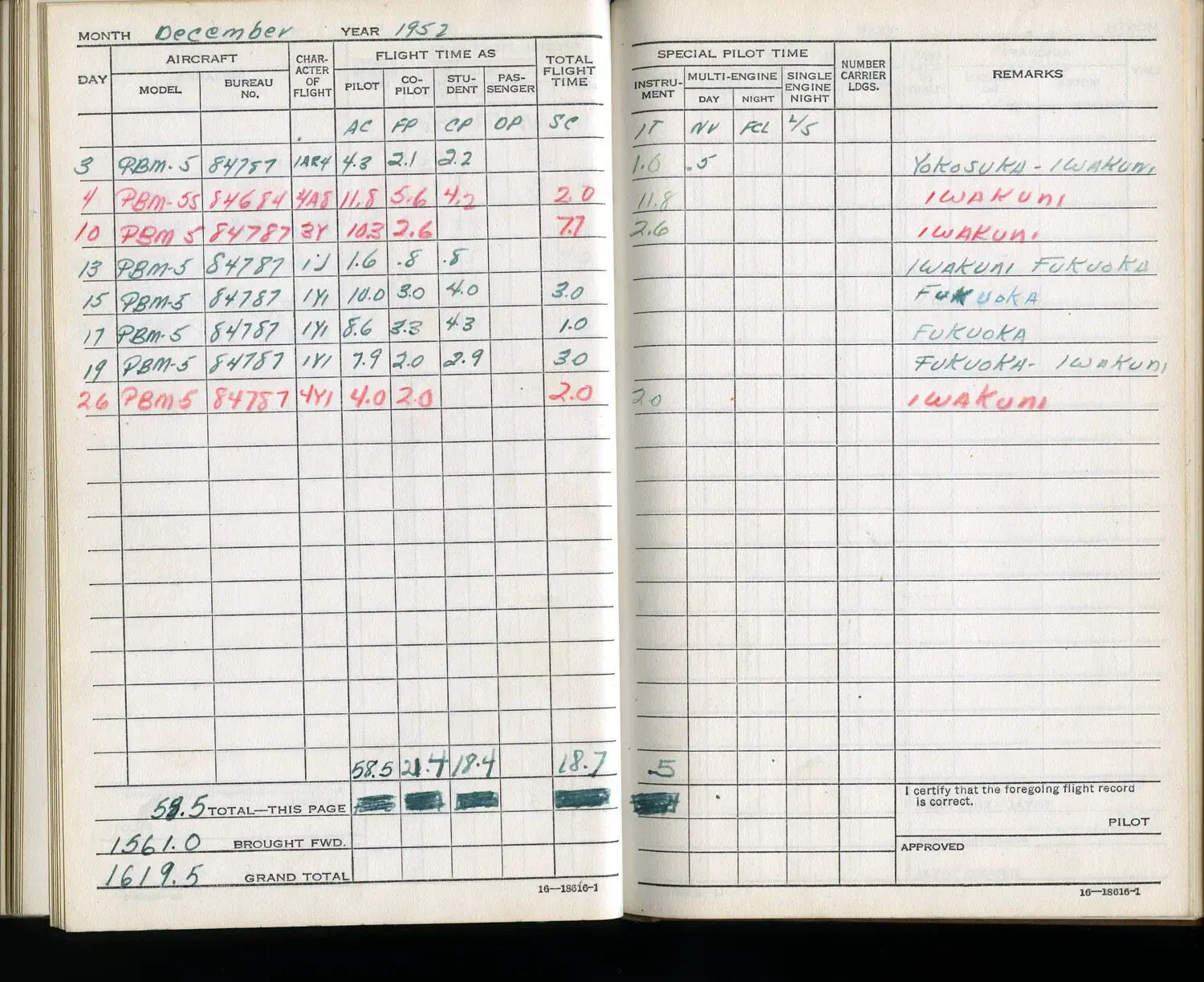 Naval Aviator's Flight Log Book, December 1952 -- PBM-5 Mariner Patrol Flights, Japan/Korea Theater (Lt. Bancroft Collection)