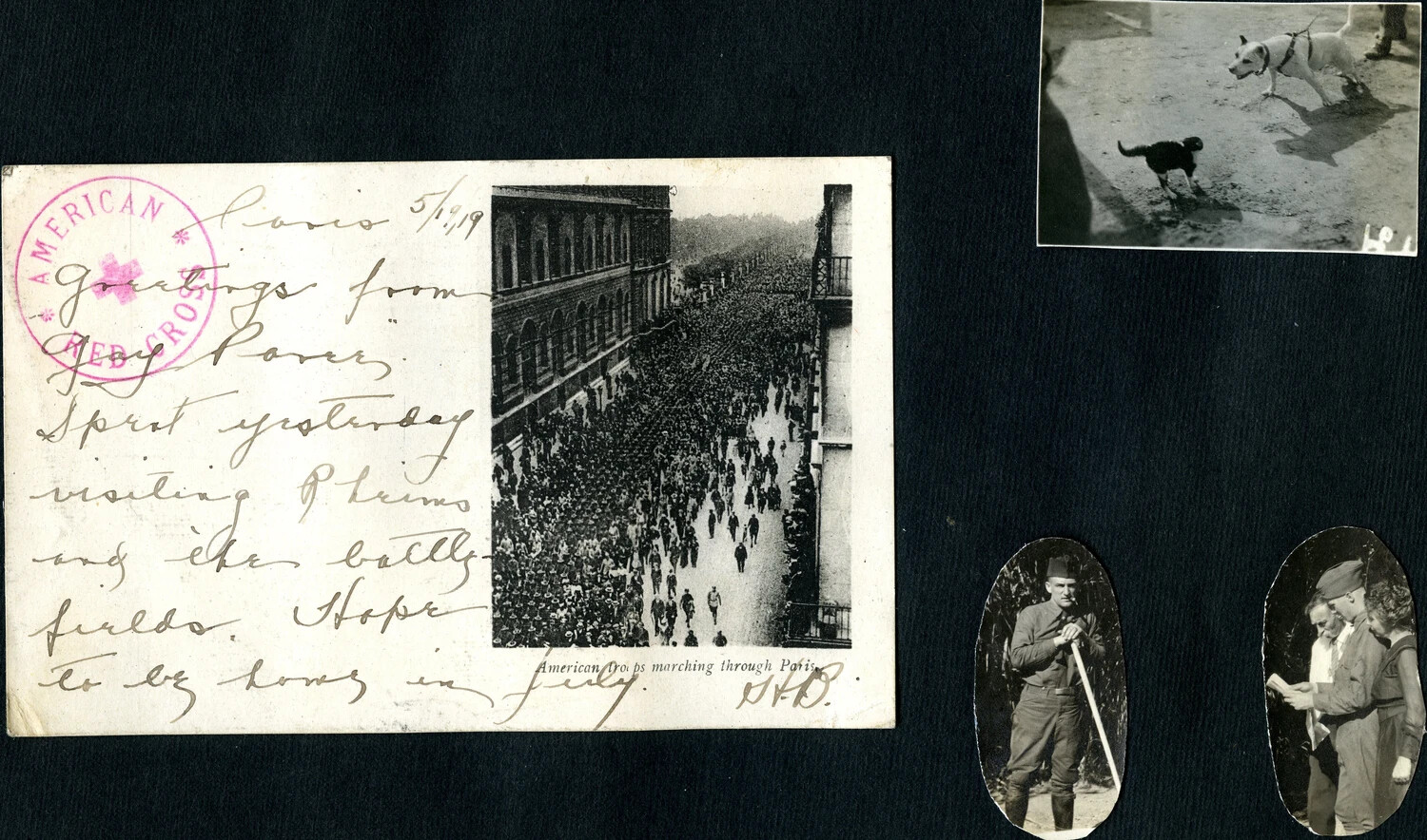 WWI Album Page — American Troops Marching Through Paris, Red Cross Postcard, 1919