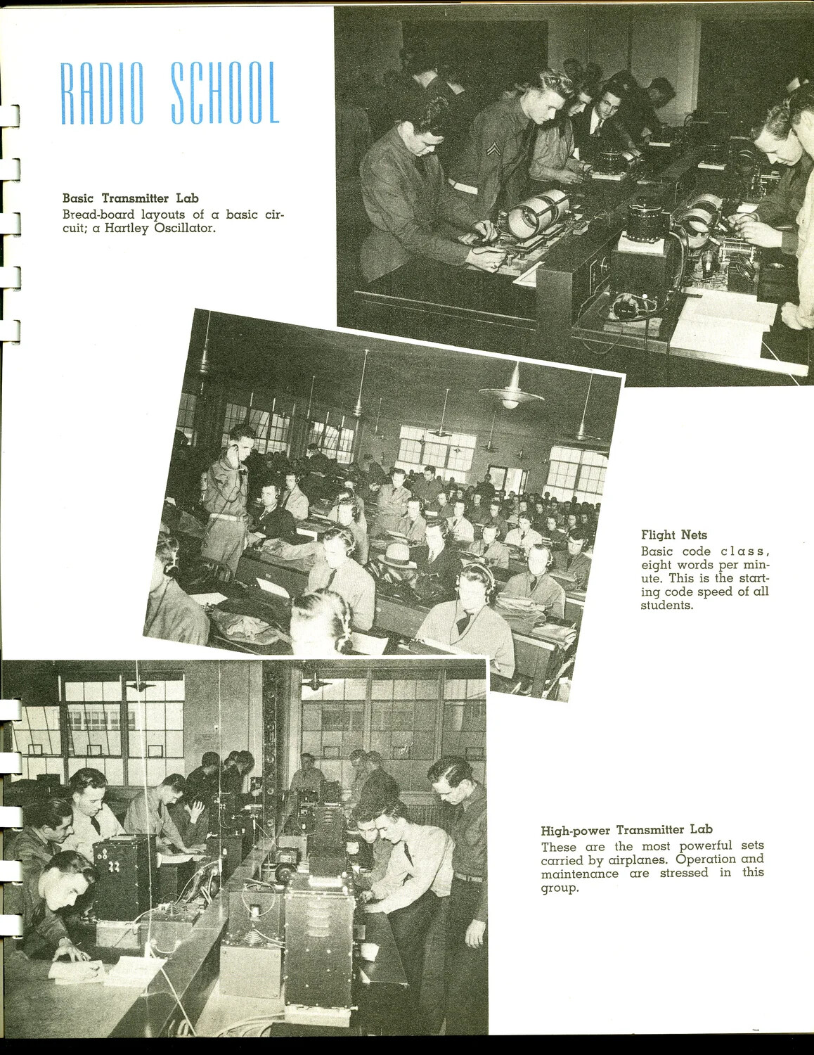 'Radio School' Composite Page — Basic Transmitter Lab, Flight Nets Code Class, and High-Power Transmitter Lab, Scott Field