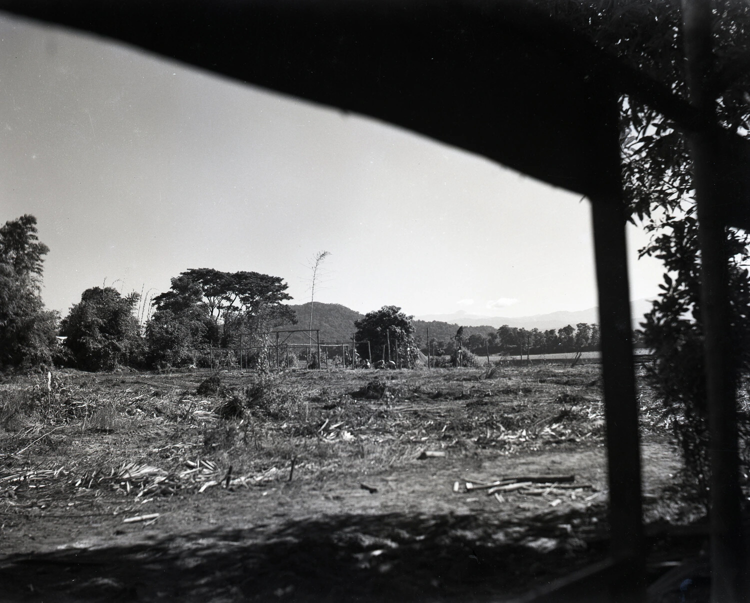 Field Clearing and Wooden Framework Structure, Burma, WWII CBI Theater