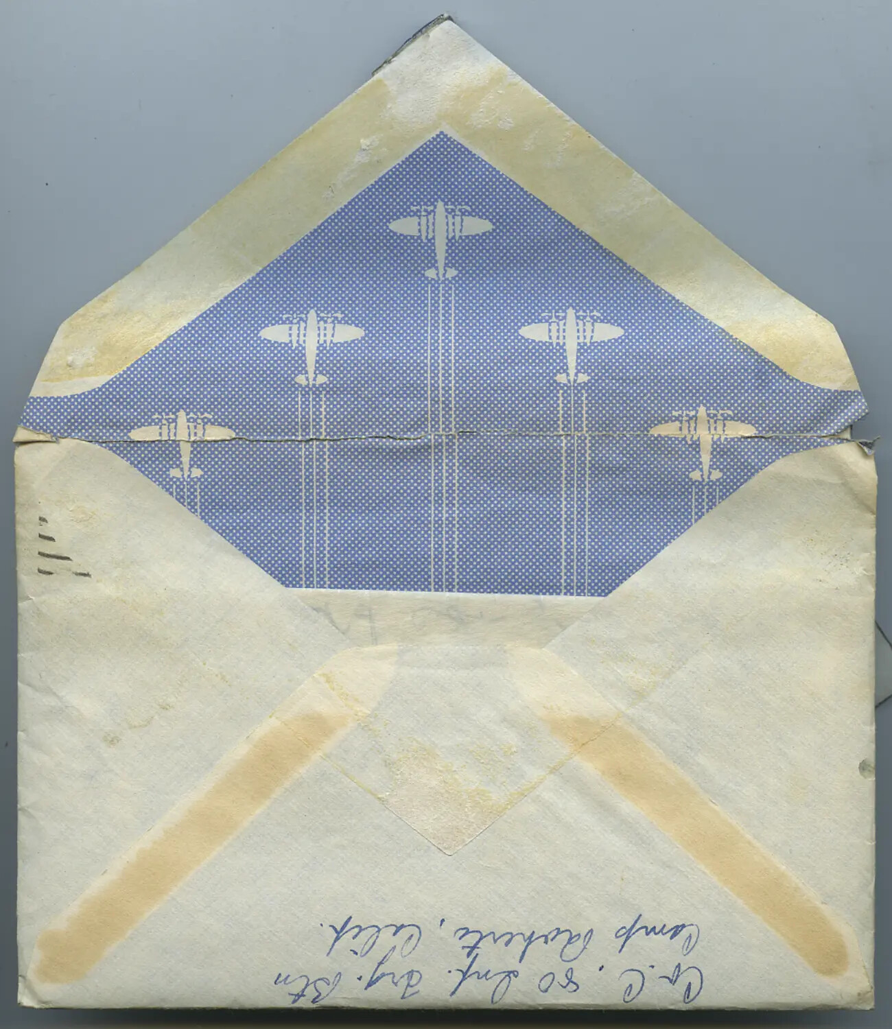 WWII-Era Envelope with Patriotic Aircraft-Motif Security Lining and Handwritten Return Address