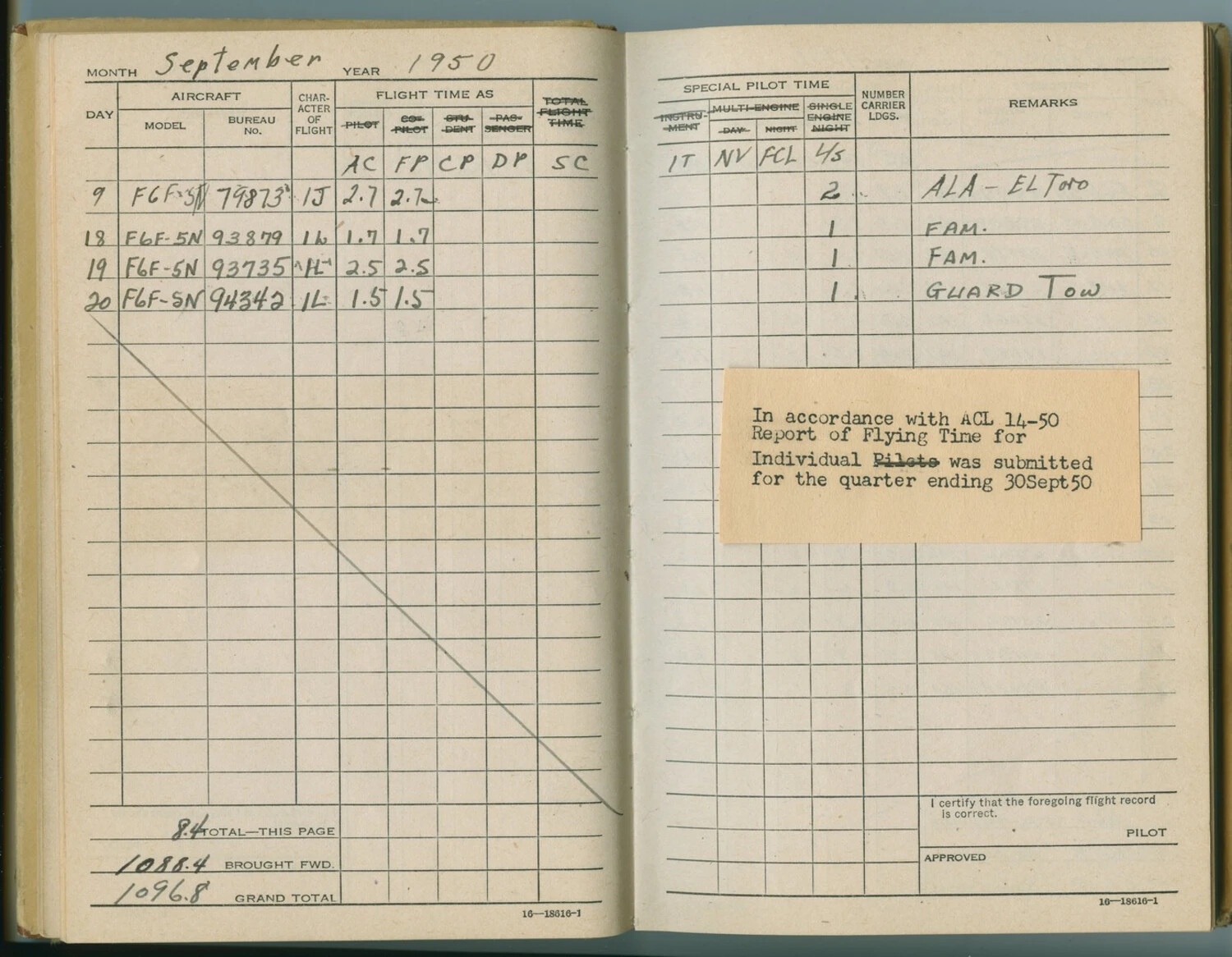Naval Aviator's Flight Log Book, September 1950 - F6F-5N Hellcat Night Fighter Entries (Pat McAleer Collection)