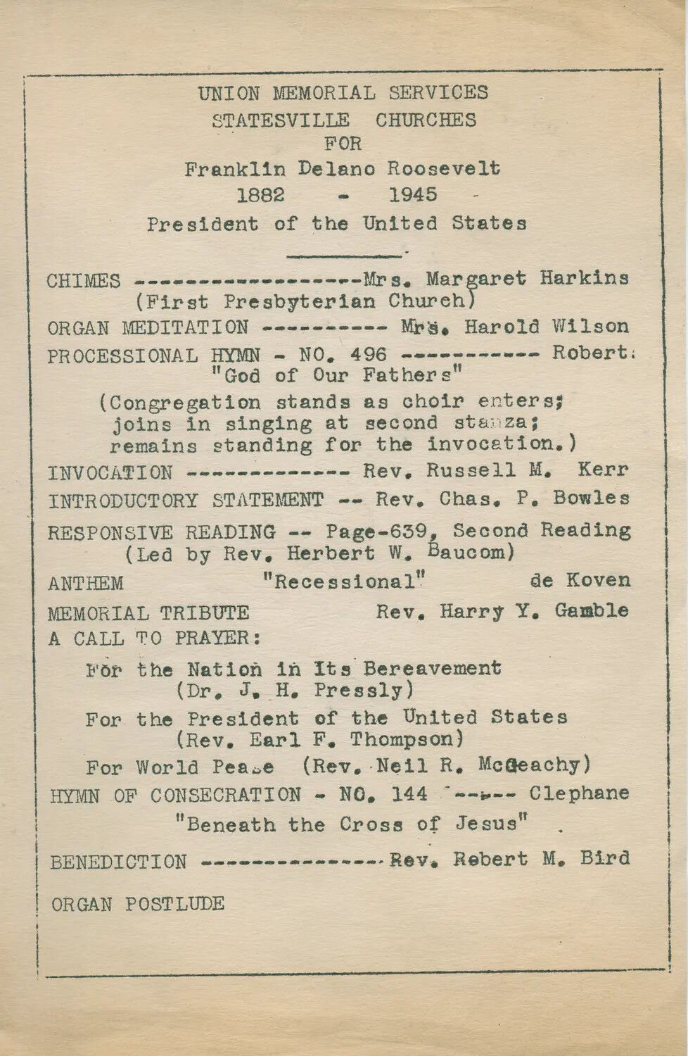 Union Memorial Service Program for President Franklin D. Roosevelt, Statesville, North Carolina, April 1945