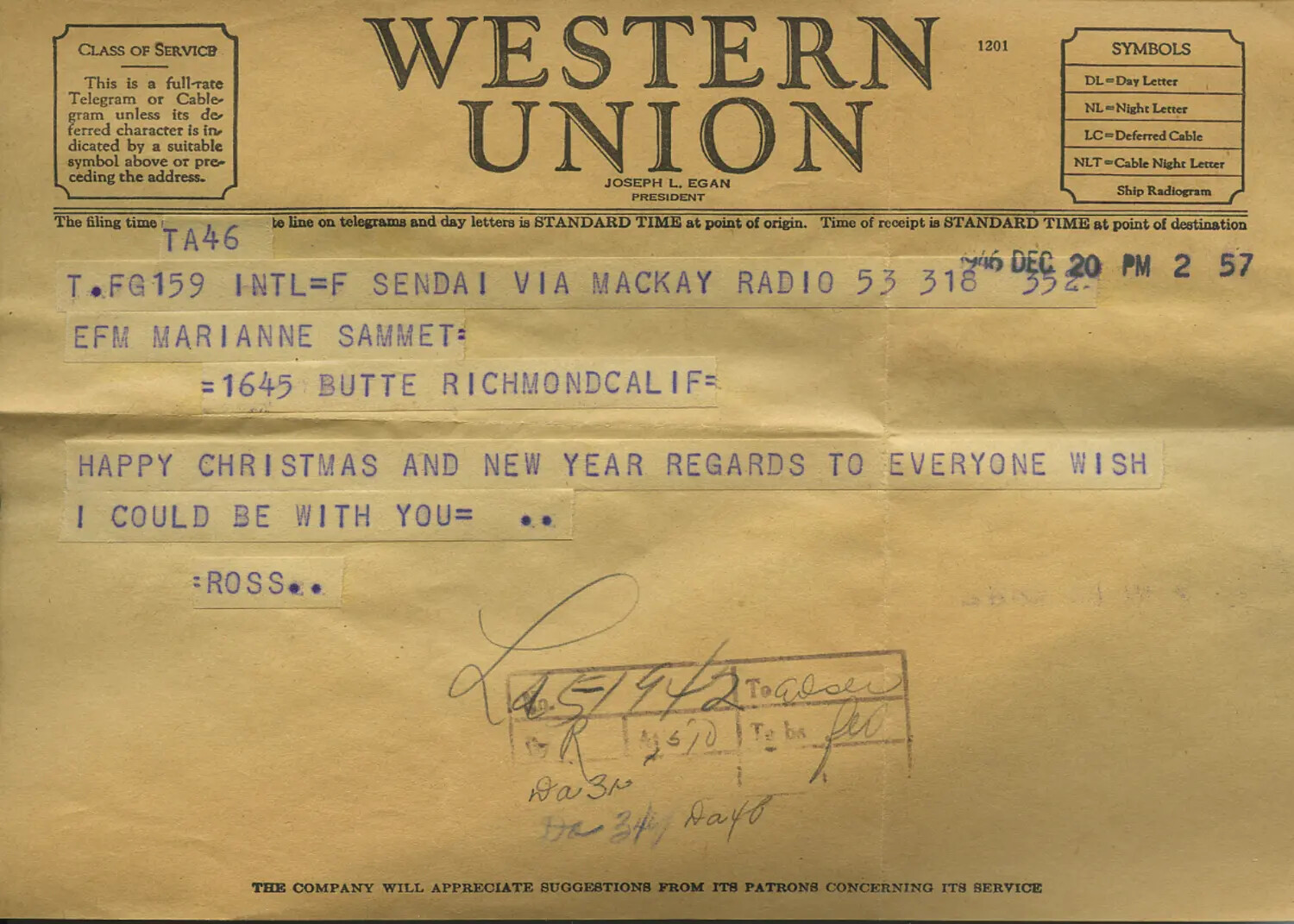 Western Union Telegram from Sendai, Japan, to Marianne Sammet, Richmond, California, December 20 (Moon-Sammet Collection)