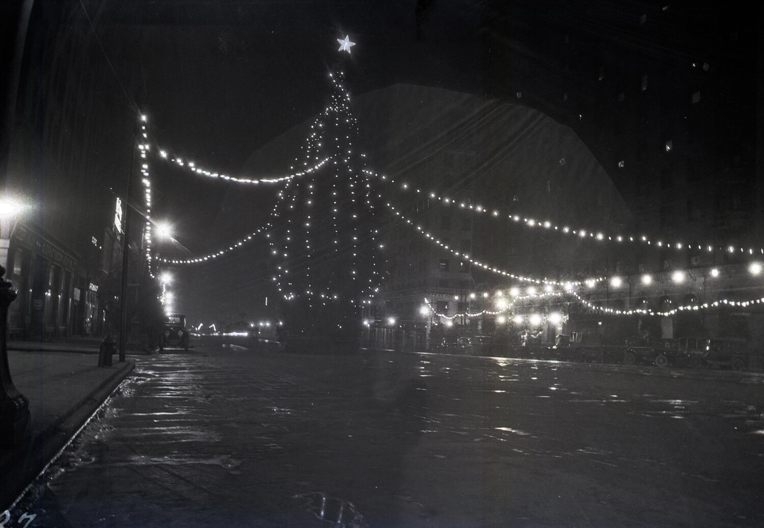 Night Street Scene with Illuminated Christmas Tree Light Display, WWI Era