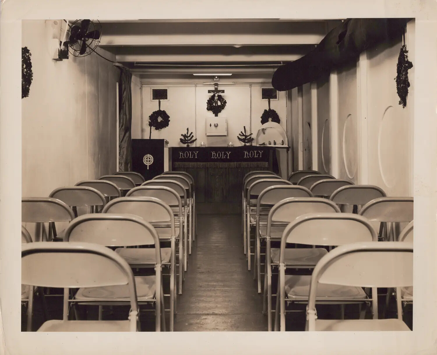 Shipboard Chapel Decorated for Christmas, WWII US Navy Escort Carrier