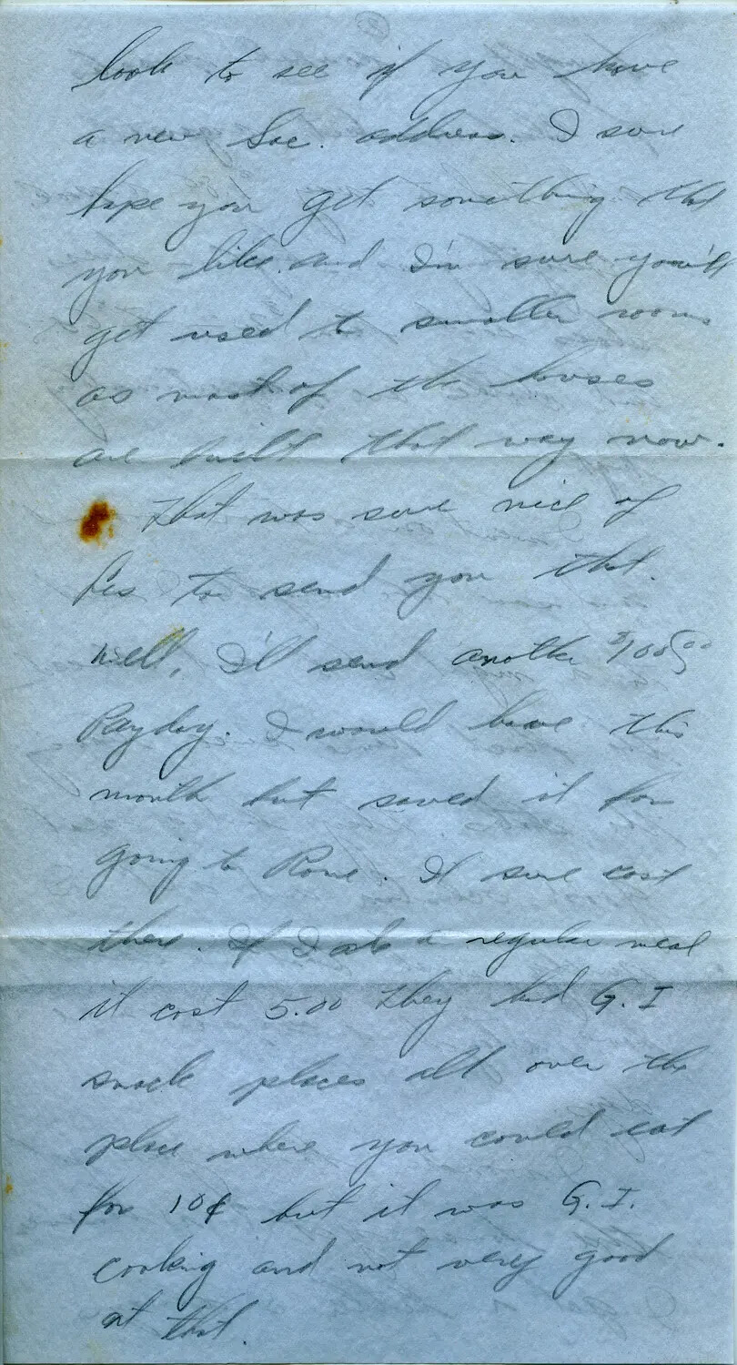 Handwritten Personal Letter, Page Discussing Payday, Rome, and G.I. Rations, Margaroli B-24 Belly Gunner Collection, 1944
