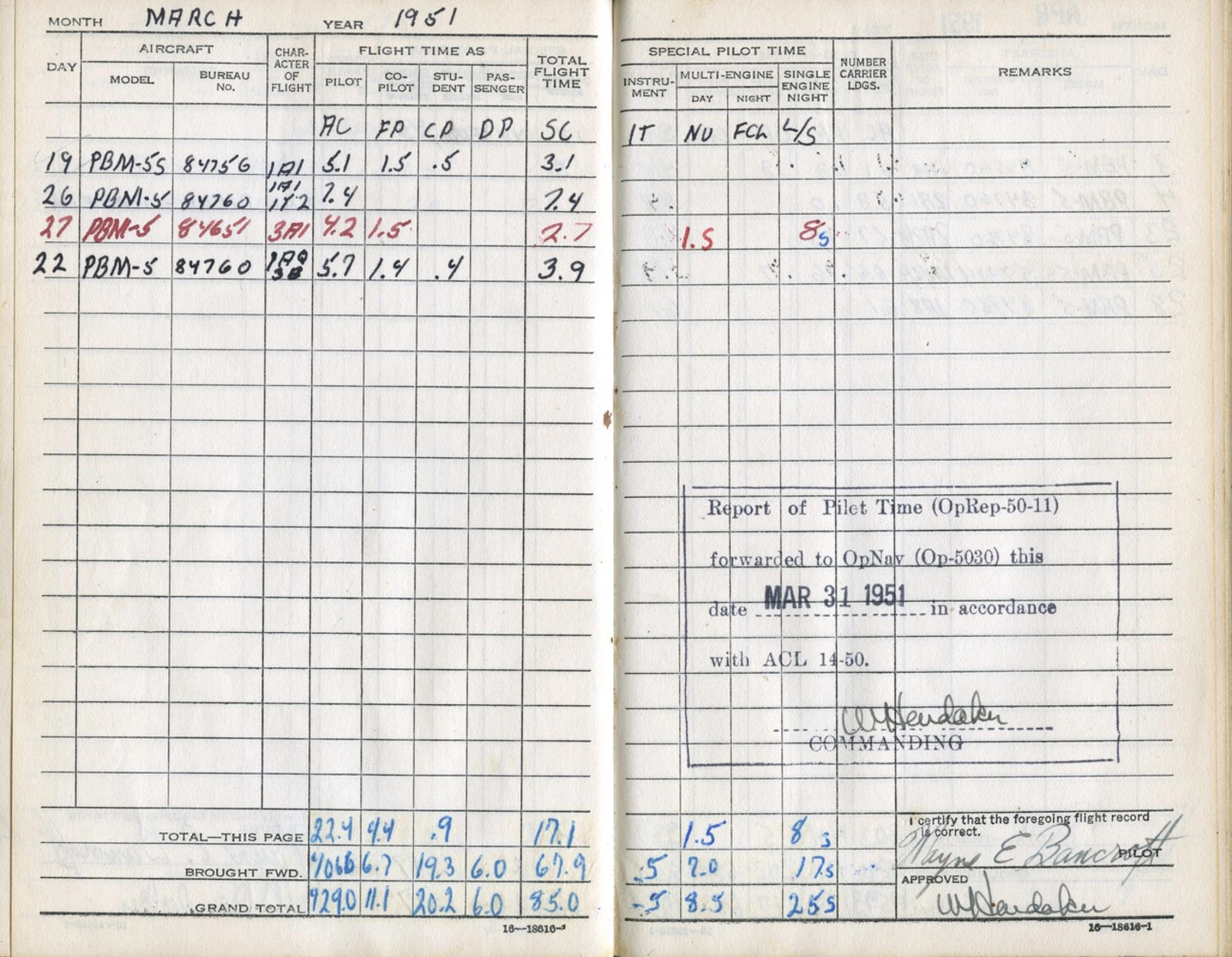 Flight Logbook Pages, Lt. Wayne E. Bancroft, March 1951 -- PBM Mariner Patrol Bomber Flight Records, Korean War
