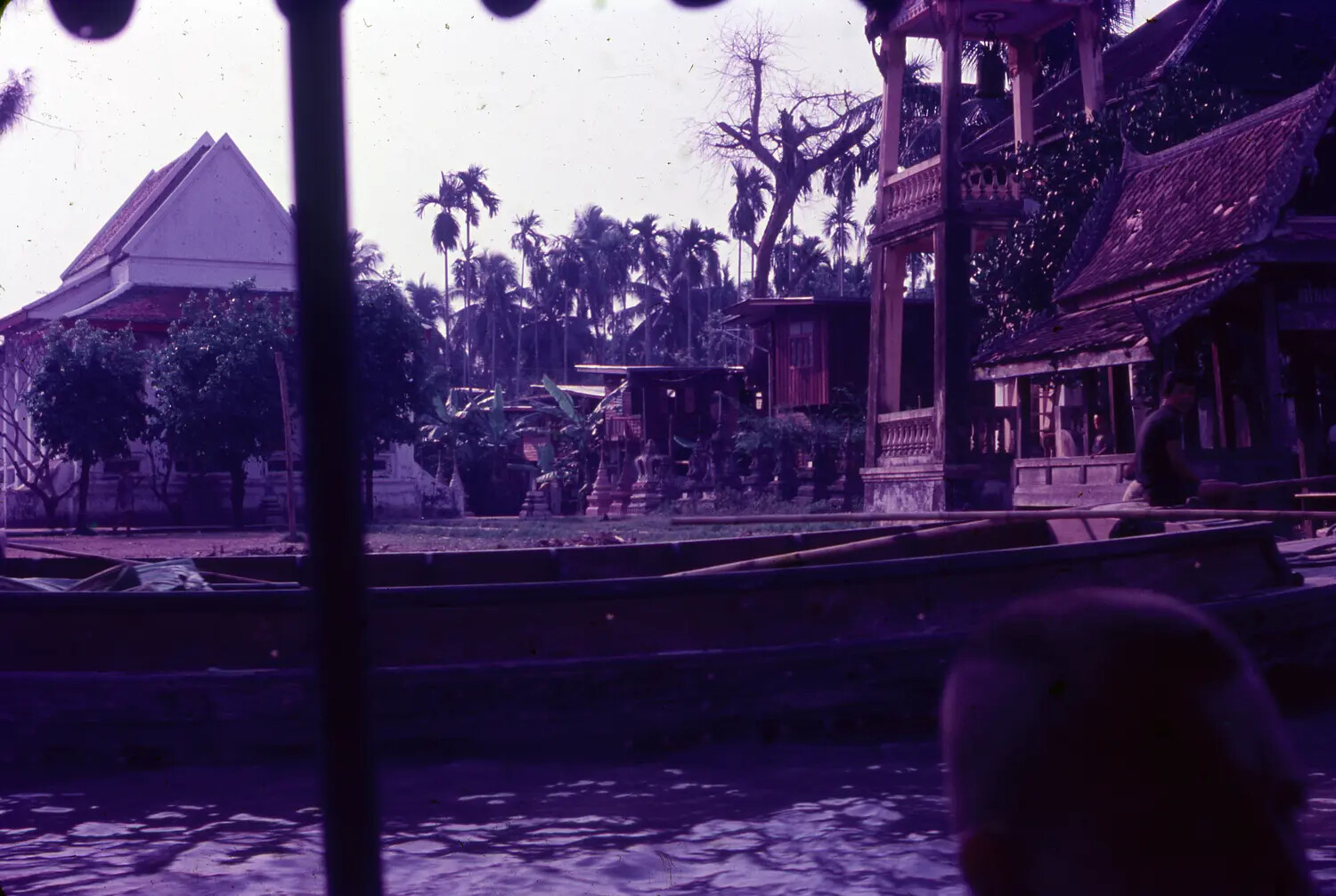 Faded Color Slide of Canal-Side Temple Scene, Southeast Asia, 1965 Vietnam-Era Travel Collection