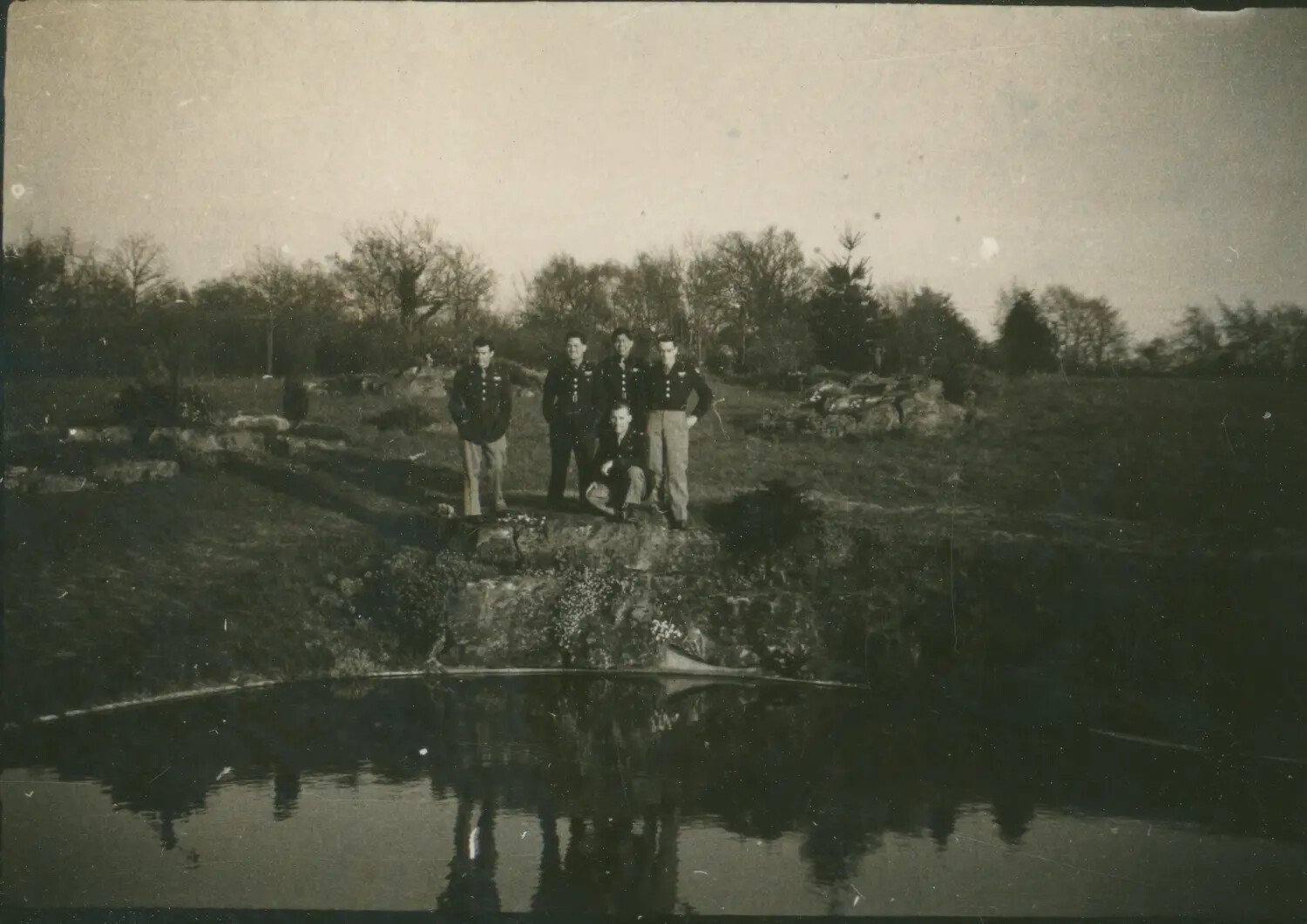 USAAF Airmen at Ornamental Rock Garden and Pond, English Estate, WWII