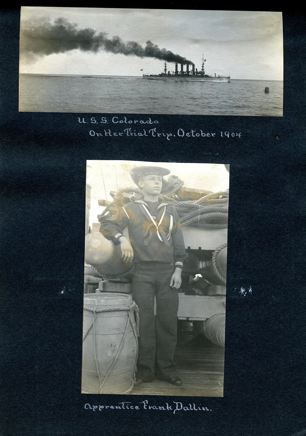 Album Page: USS Colorado (ACR-7) on Trial Trip, October 1904, with Portrait of Apprentice Frank Dallin