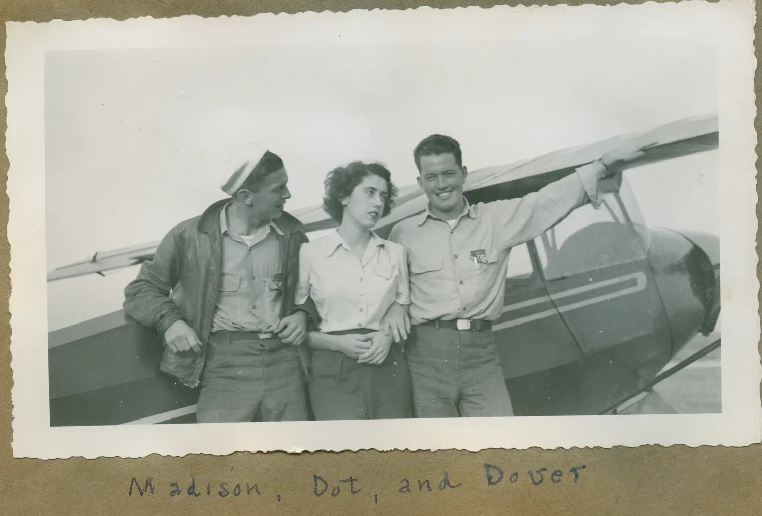 Three Young Adults Posing with a Light Training Aircraft, Navy V-5 Program Photo Album