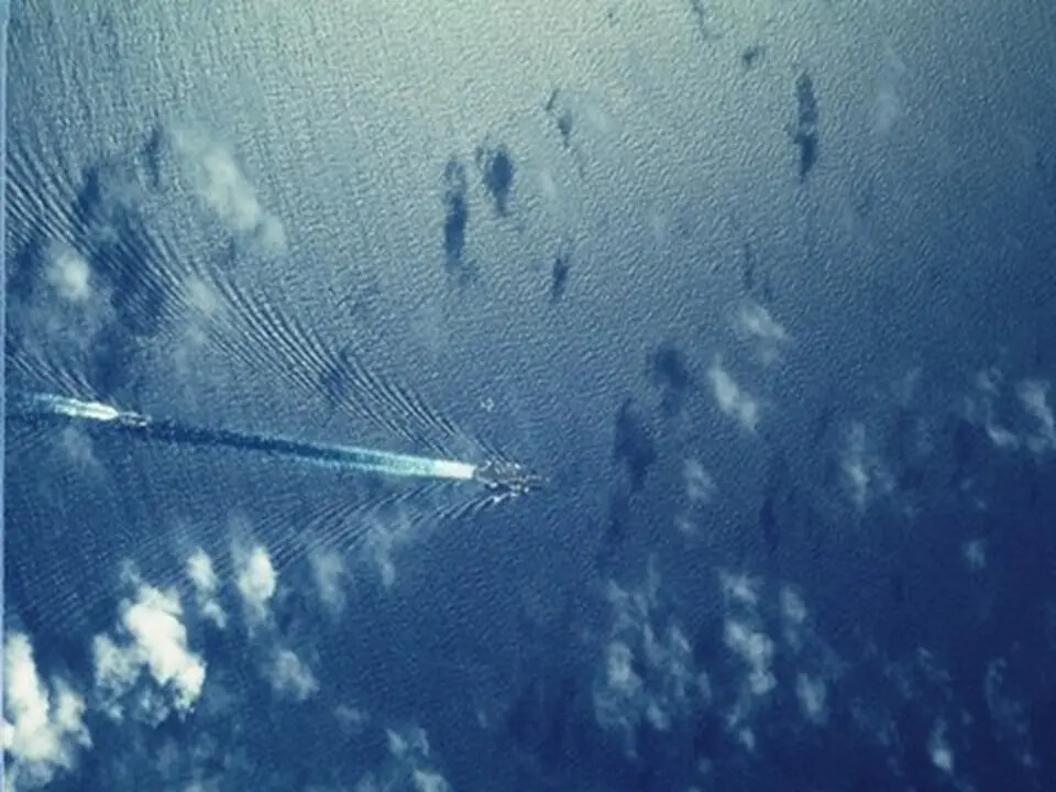 Aerial View of Ocean Surface with Vessel Wake, Vietnam Coastal Waters