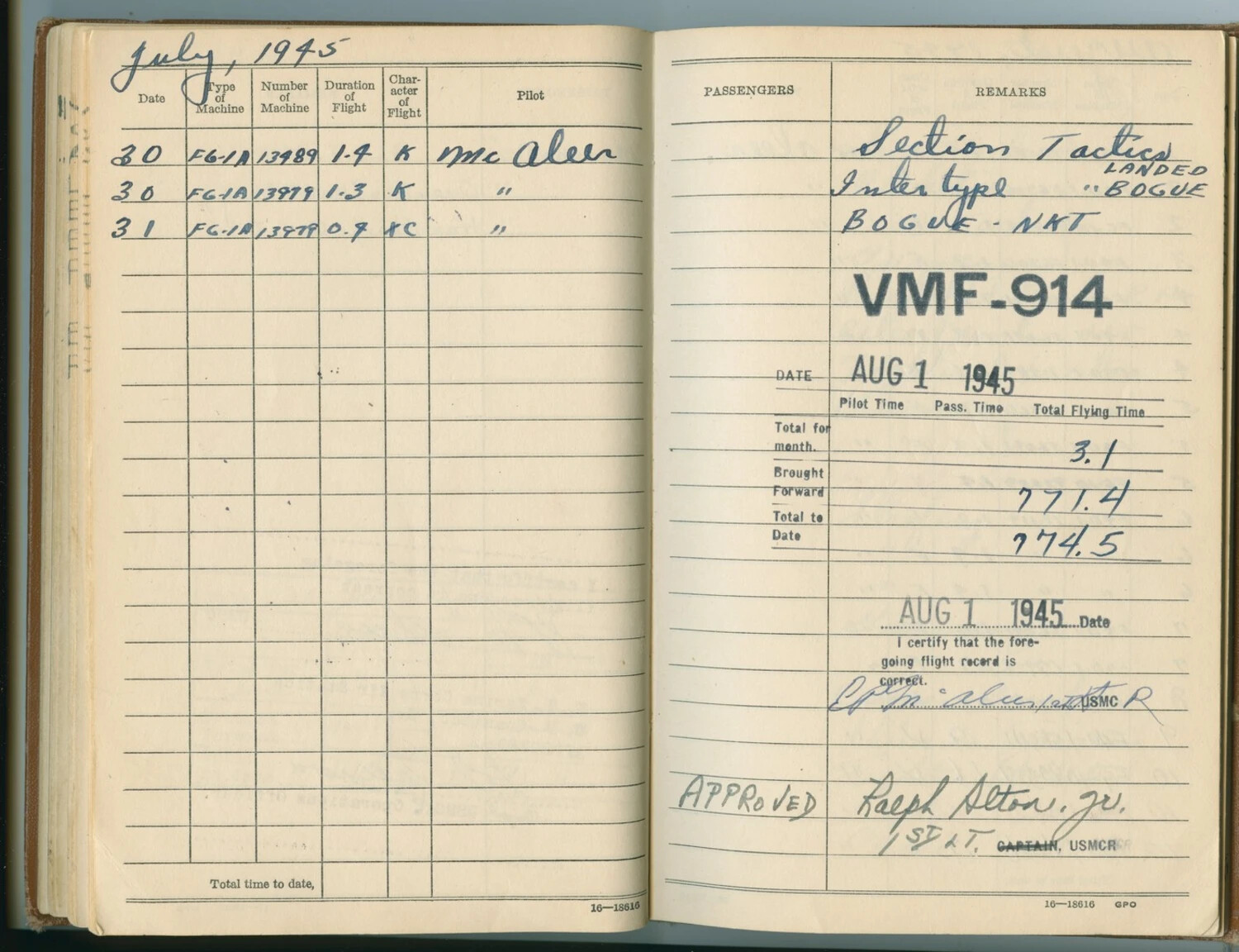 U.S. Marine Corps Pilot's Flight Log Book, July 1945 — VMF-914 FG-1A Corsair Flights