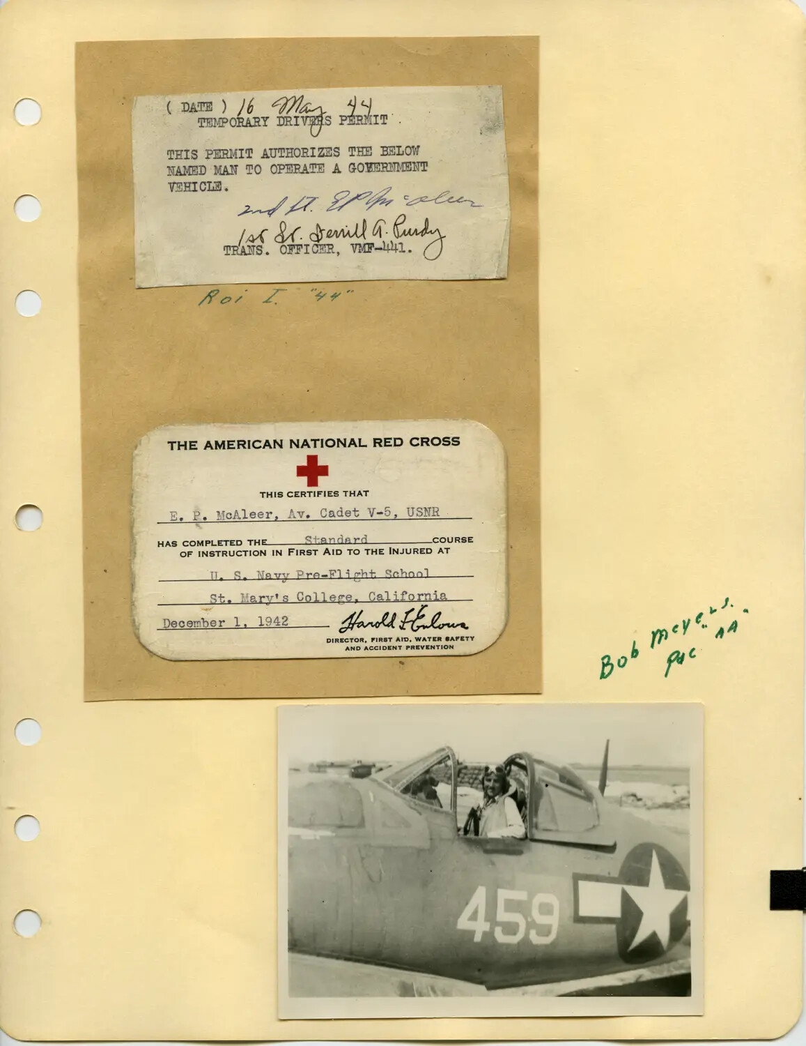 Album Page: E.P. McAleer Aviation Documents and Cockpit Photograph, VMF-441, 1942-1944