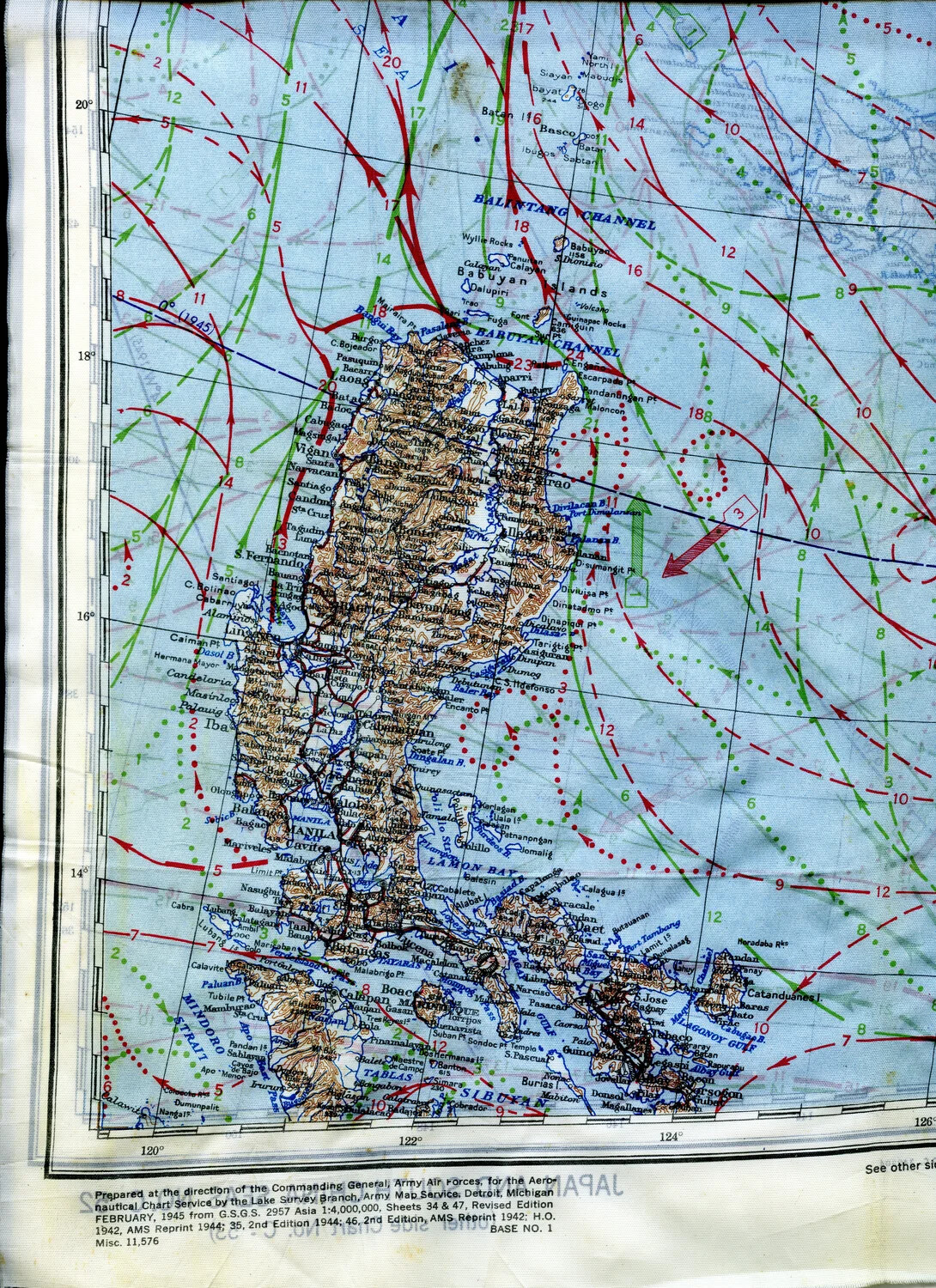 WWII Silk Escape Map - Luzon, Philippines with Ocean Current and Wind Overlay, February 1945