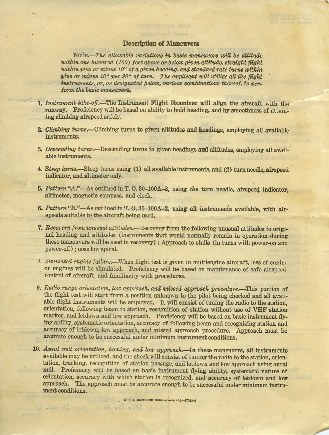 AAF Instrument Flight Examination Form -- "Description of Maneuvers" Page, China-Burma-India Theater Archive