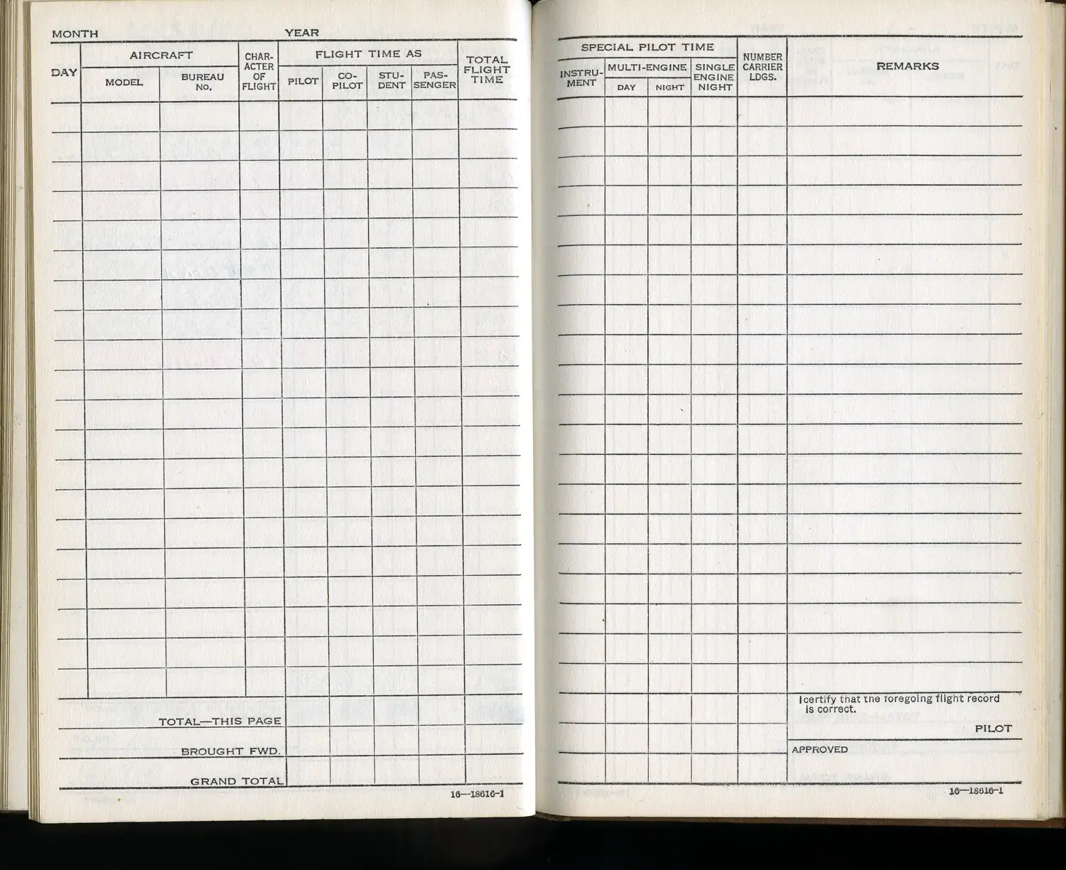 Blank U.S. Navy Aviator's Flight Logbook Pages, Lt. Bancroft Collection, Korean War Era