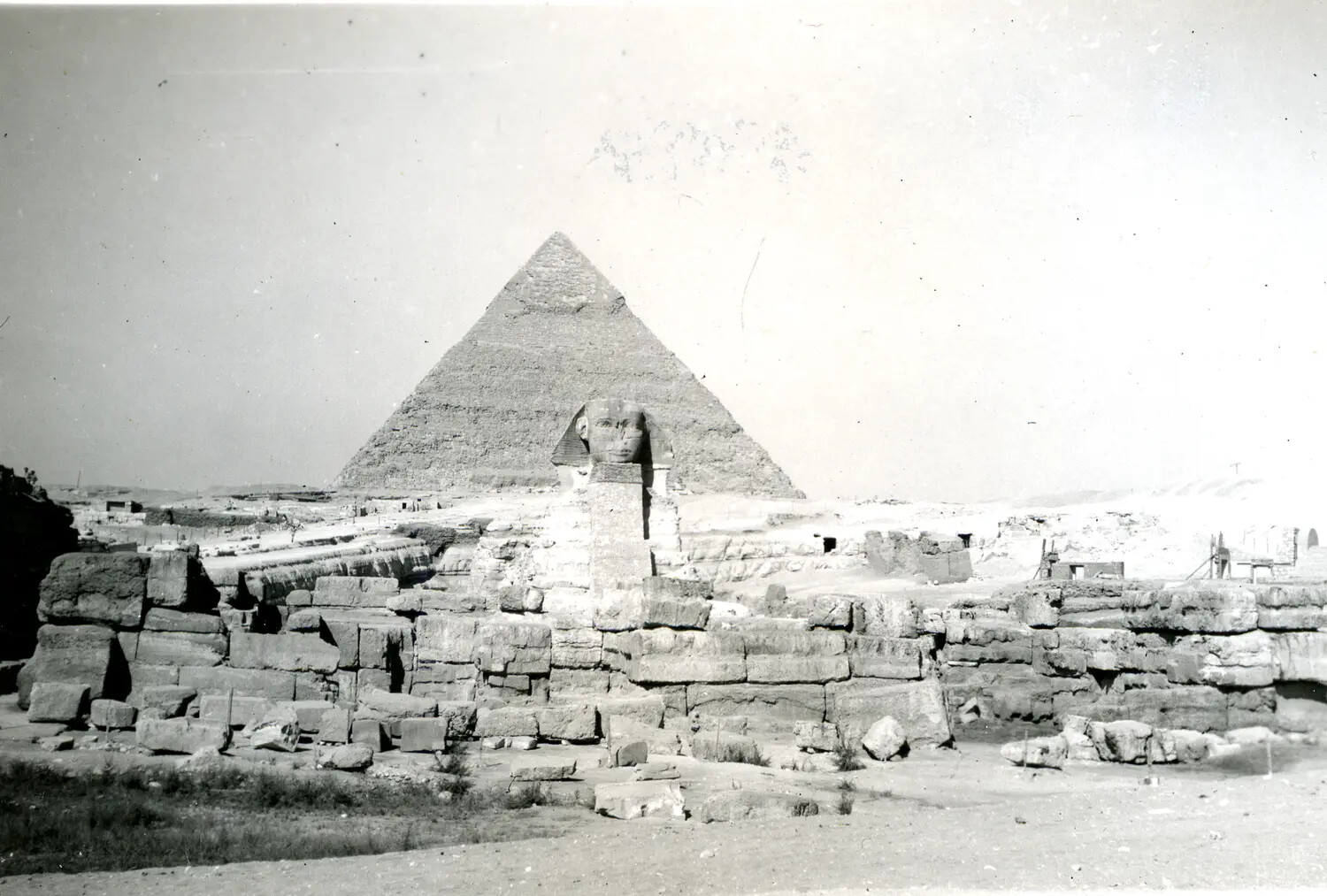The Great Sphinx and Pyramid of Khafre, Giza, Egypt (WWII-era Transit Photograph)