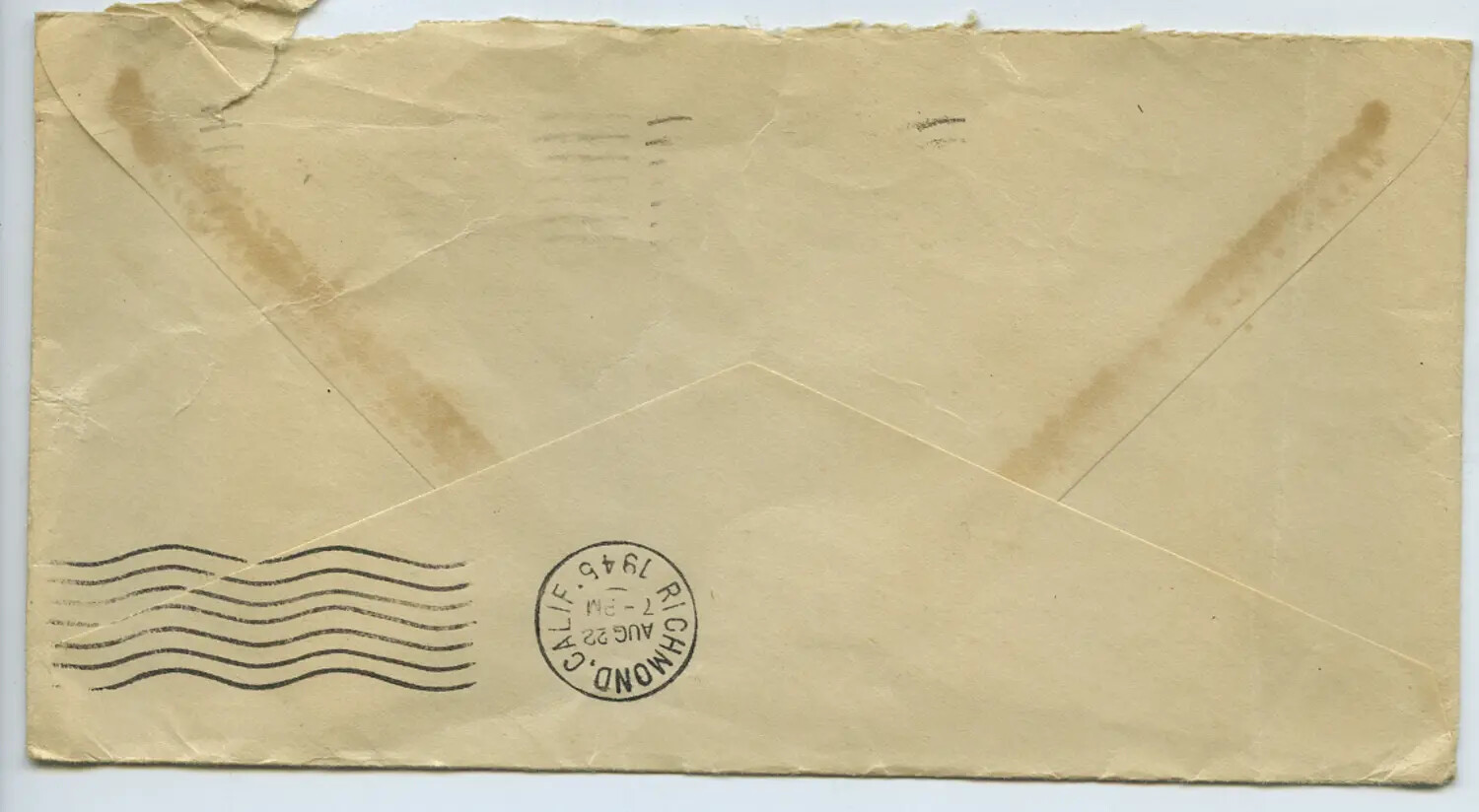 Reverse of Mailed Envelope with Richmond, California Postmark, August 22, 1946 — Moon/Sammiet Correspondence Archive