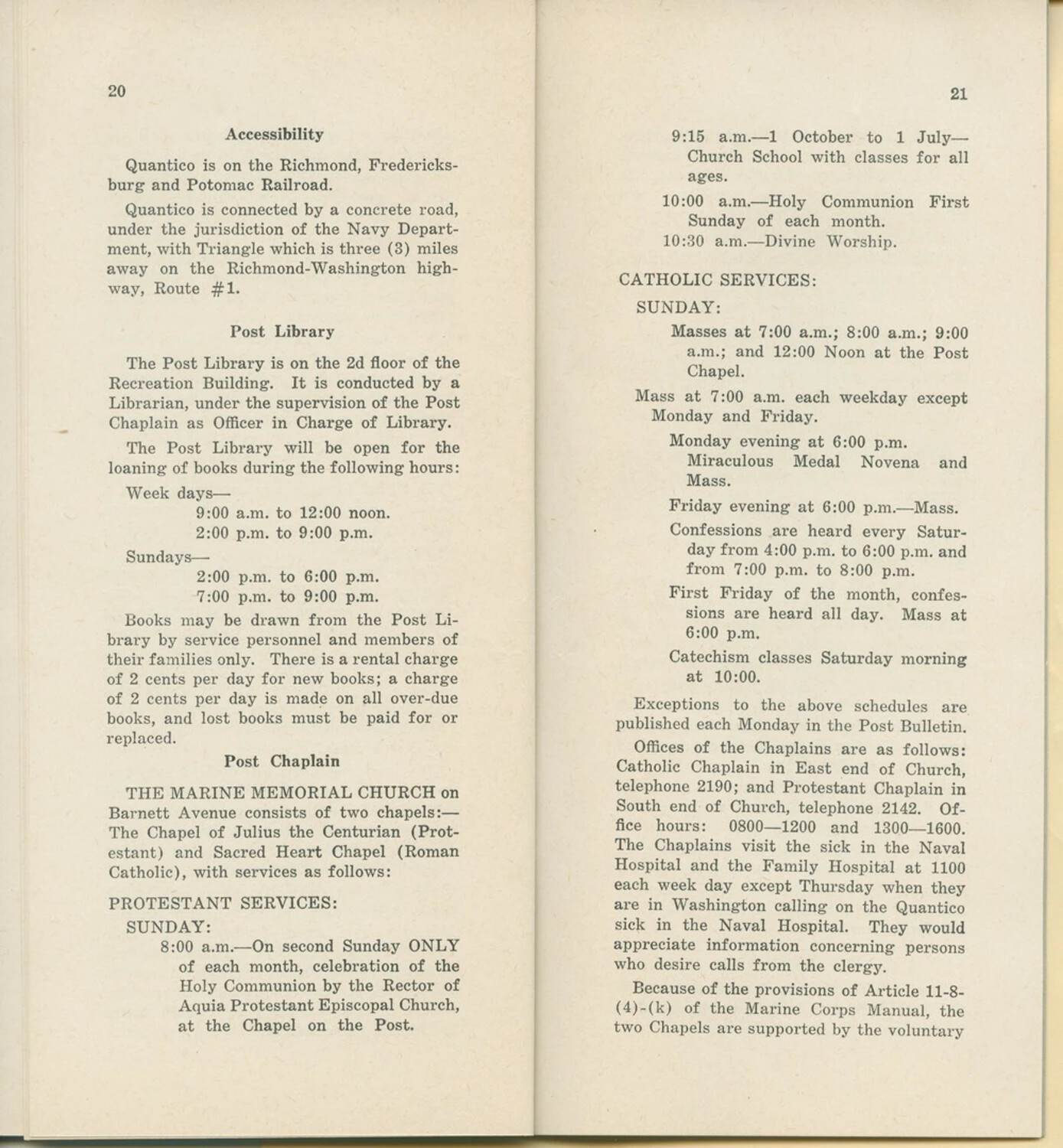 Printed Booklet Pages 20-21: Post Information Guide, Marine Corps Base Quantico, Virginia