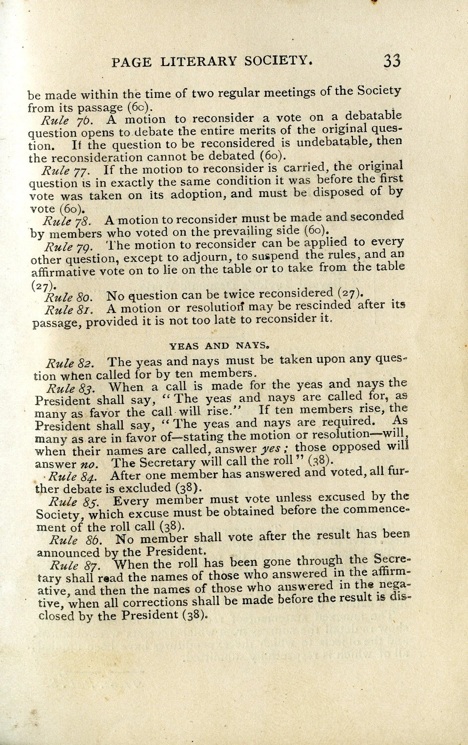 Page Literary Society Rule Book, Page 33 (Rules 76-87)
