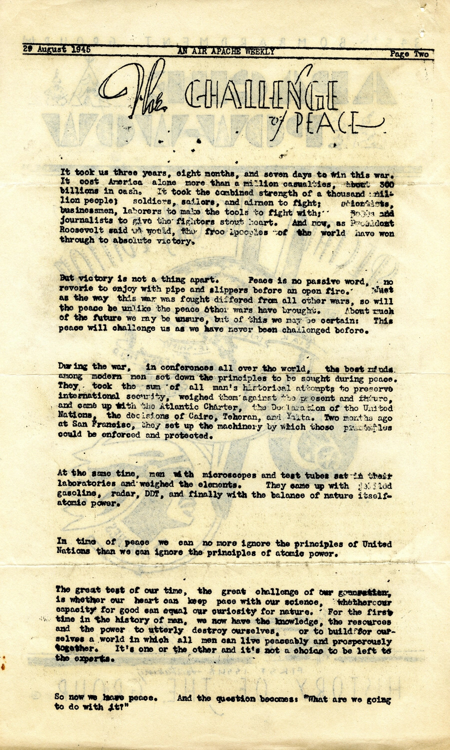 Air Apache Pow Wow, 29 August 1945, Page Two - 'The Challenge of Peace' Editorial