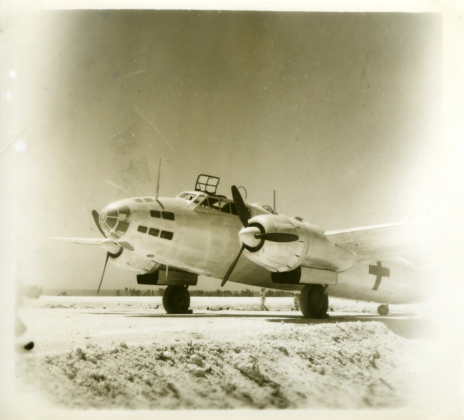 Japanese Twin-Engine Bomber Marked with Surrender Cross, Ie Shima Airfield, Okinawa, August 1945