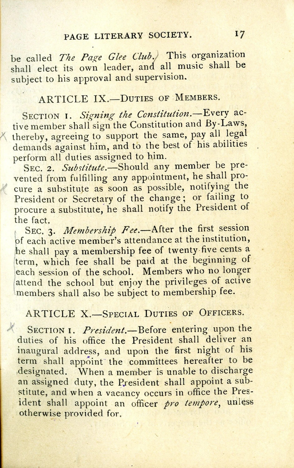 Page Literary Society Constitution and By-Laws, Page 17 – Articles IX and X
