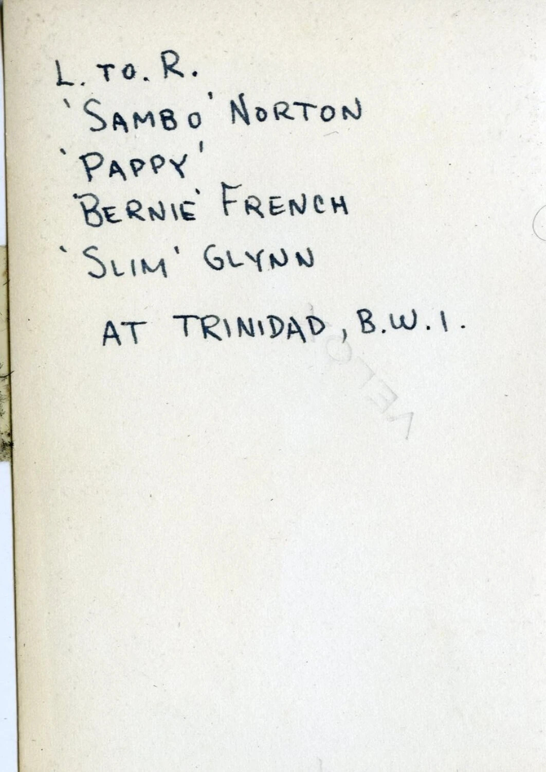 Handwritten Caption Page: Shipmates at Trinidad, B.W.I.