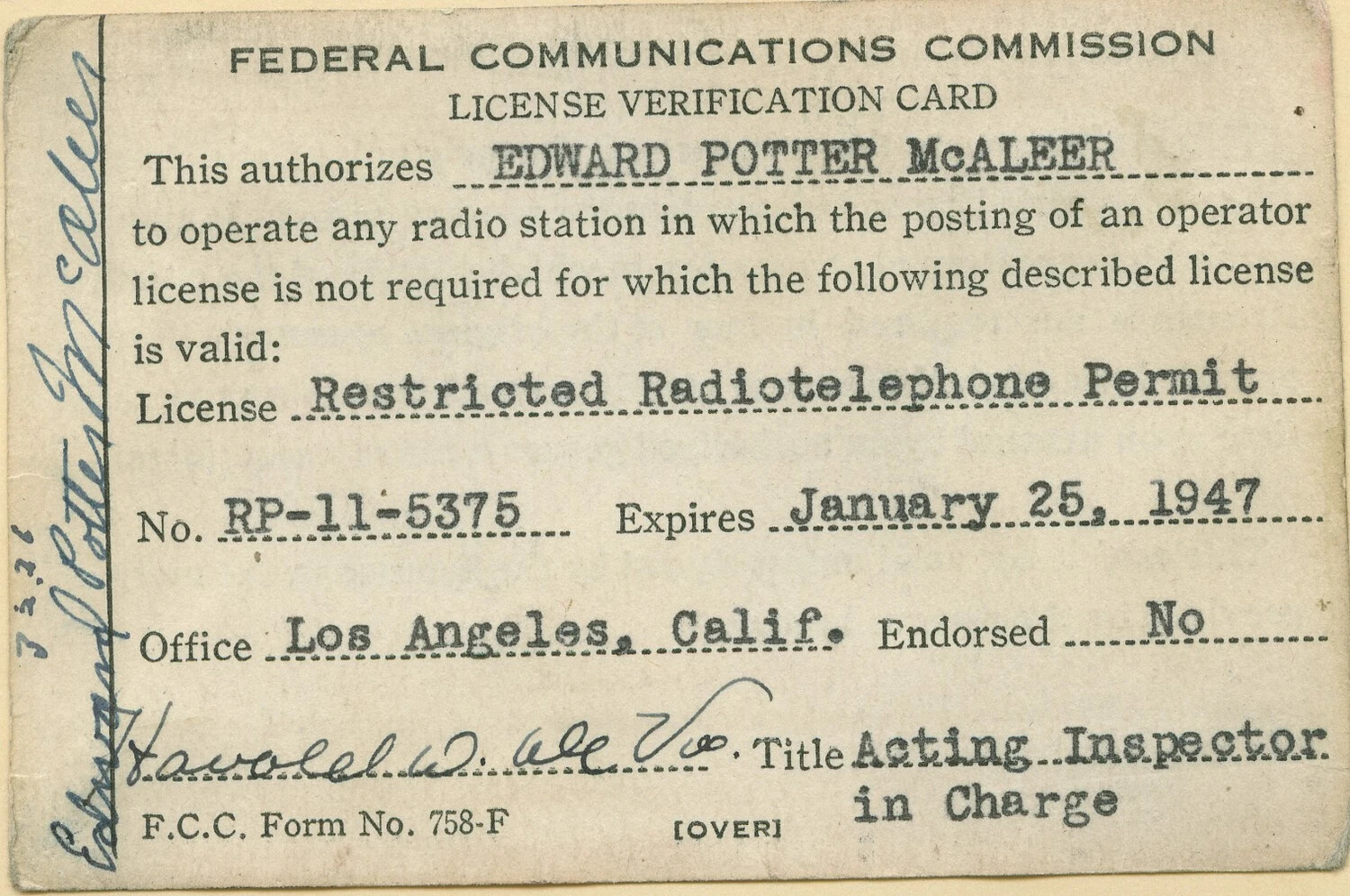 Federal Communications Commission License Verification Card, Restricted Radiotelephone Permit, Edward Potter McAleer (Expires January 25, 1947)