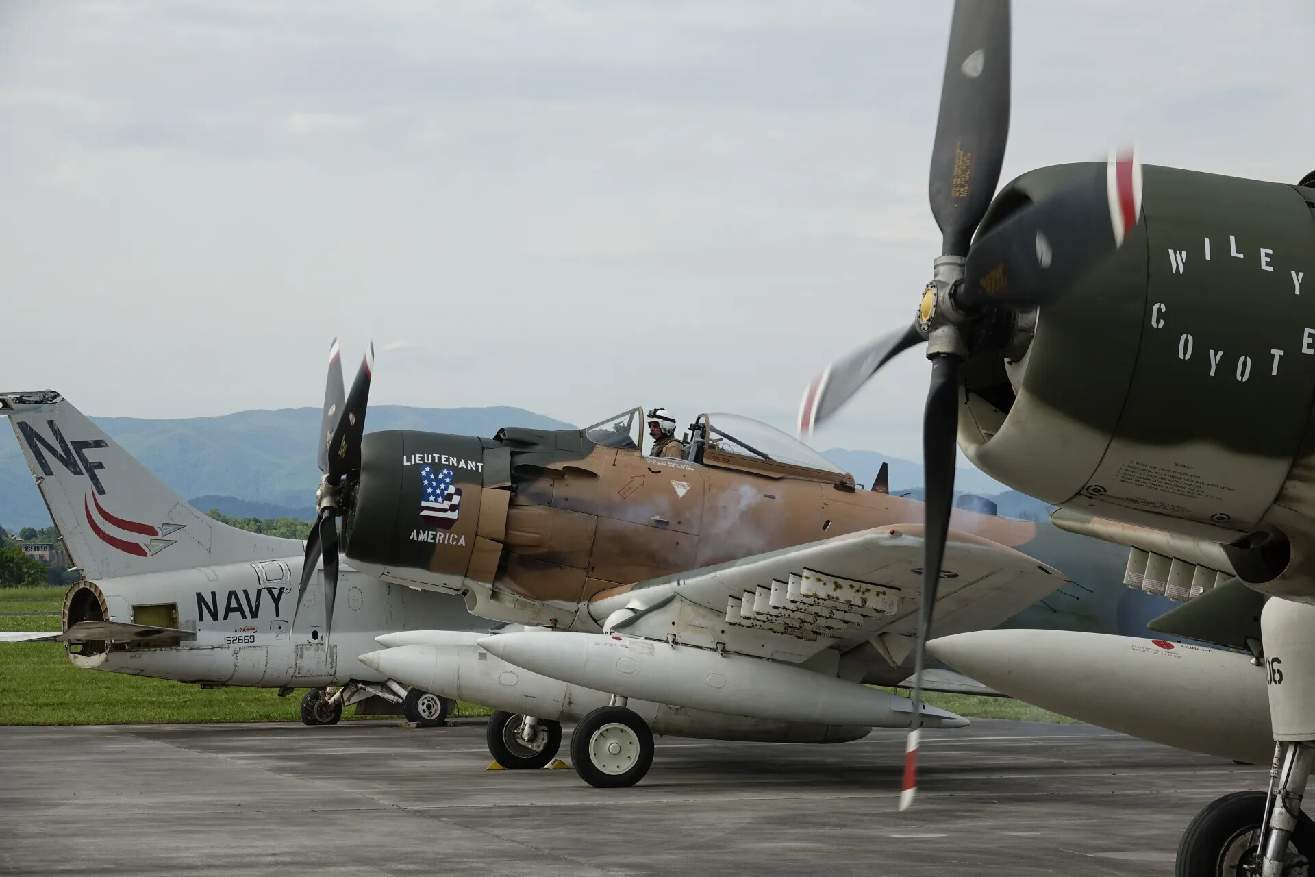 Restored A-1 Skyraiders and Navy A-7 Corsair II on Static Display — Airshow, May 2019