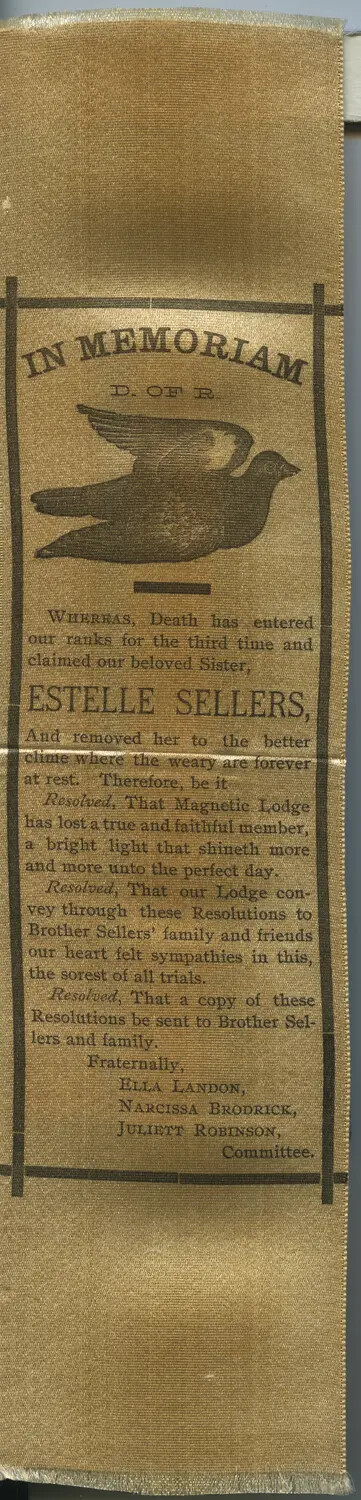 Degree of Rebekah Memorial Ribbon: 'In Memoriam' for Sister Estelle Sellers, Magnetic Lodge