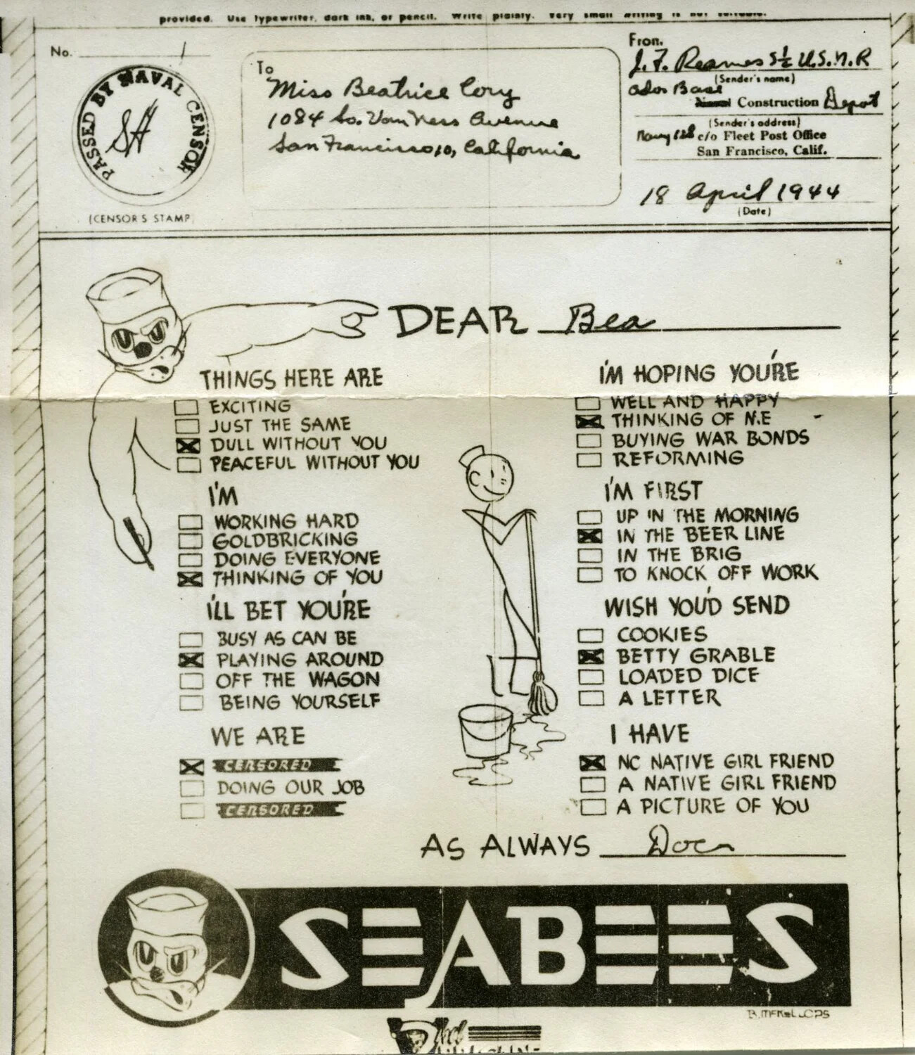 WWII Seabee V-Mail Checklist Cartoon, 'Dear Bea' -- 18 April 1944