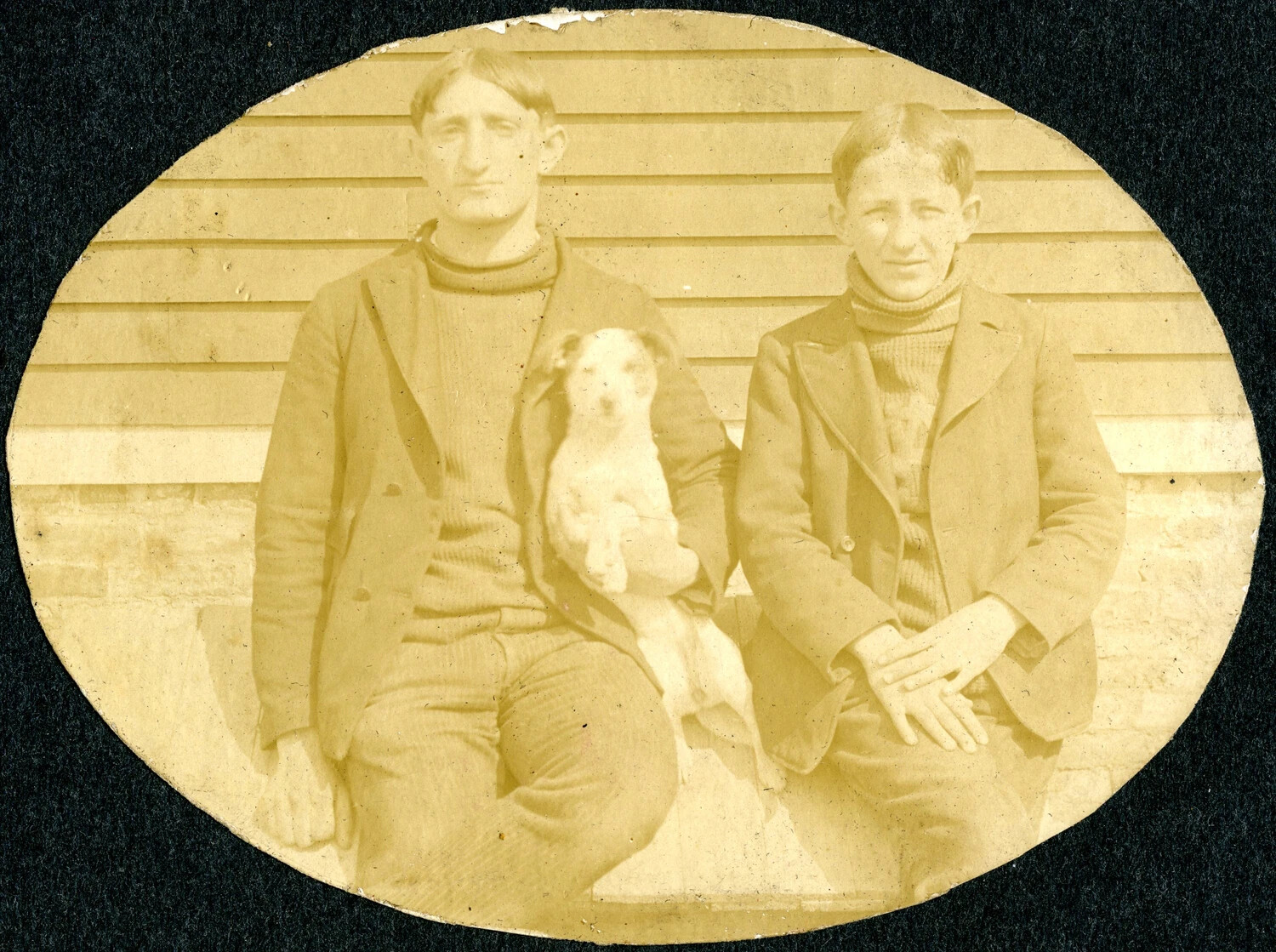 Two Young Men in Civilian Dress with Terrier Puppy, Oval Studio-Style Snapshot, c. 1900s