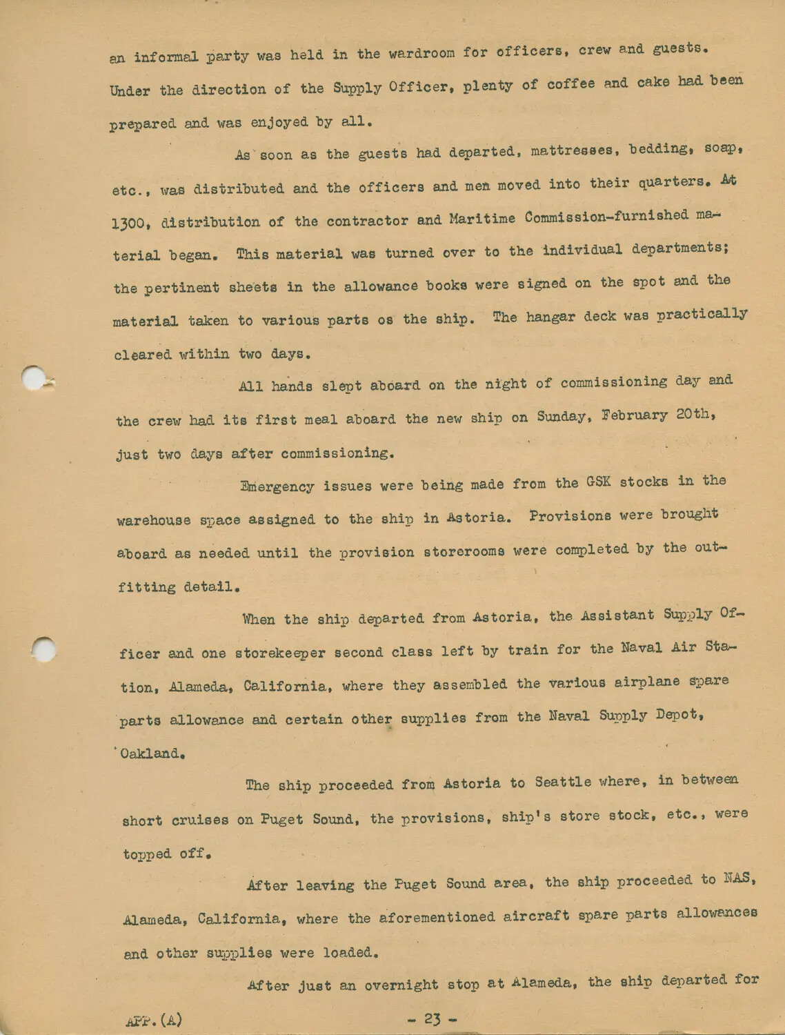 USS Petrof Bay (CVE-80) War History Narrative, Appendix A, Page 23 - Commissioning Celebration and West Coast Shakedown